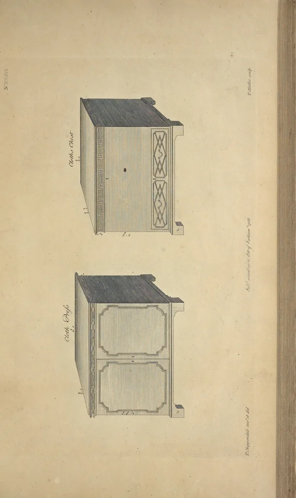 An illustration from The gentleman and cabinet-maker's director : being a large collection of the most elegant and useful designs of household furniture, in the most fashionable taste : including a great variety of chairs, cofas, beds, and couches : china-tables, dressing-tables, shaving-tables, bason-stands, and teakettle-stands : frames for marble-slabs, bureau-dressing-tables, and commodes : writing-tables, and library-tables : library-book-cases, organ-cases for private rooms, or churches, desks, and book-cases : dressing and writing-tables with book-cases, toilets, cabinets, and cloaths-presses : china-cases, china-shelves, and book-shelves : candle-stands, terms for busts, stands for china jars, and pedestals : cisterns for water, lanthorns, and chandeliers : fire-screens, brackets, and clock-cases : pier-glasses, and table-frames : girandoles, chimney-pieces, and picture-frames : stove-grates, boarders, frets, Chinese-railing, and brass-work, for furniture : and other ornaments : to which is prefixed, a short explanation of the five orders of architecture : with proper directions for executing the most difficult pieces, the mouldings being exhibited at large, and the dimensions of each design specified : the whole comprehended in two hundred copper-plates, neatly engraved ..., 1762, leaf 278