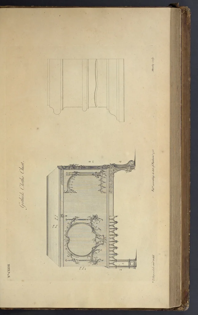 An illustration from The gentleman and cabinet-maker's director : being a large collection of the most elegant and useful designs of household furniture, in the most fashionable taste : including a great variety of chairs, cofas, beds, and couches : china-tables, dressing-tables, shaving-tables, bason-stands, and teakettle-stands : frames for marble-slabs, bureau-dressing-tables, and commodes : writing-tables, and library-tables : library-book-cases, organ-cases for private rooms, or churches, desks, and book-cases : dressing and writing-tables with book-cases, toilets, cabinets, and cloaths-presses : china-cases, china-shelves, and book-shelves : candle-stands, terms for busts, stands for china jars, and pedestals : cisterns for water, lanthorns, and chandeliers : fire-screens, brackets, and clock-cases : pier-glasses, and table-frames : girandoles, chimney-pieces, and picture-frames : stove-grates, boarders, frets, Chinese-railing, and brass-work, for furniture : and other ornaments : to which is prefixed, a short explanation of the five orders of architecture : with proper directions for executing the most difficult pieces, the mouldings being exhibited at large, and the dimensions of each design specified : the whole comprehended in two hundred copper-plates, neatly engraved ..., 1762, leaf 280