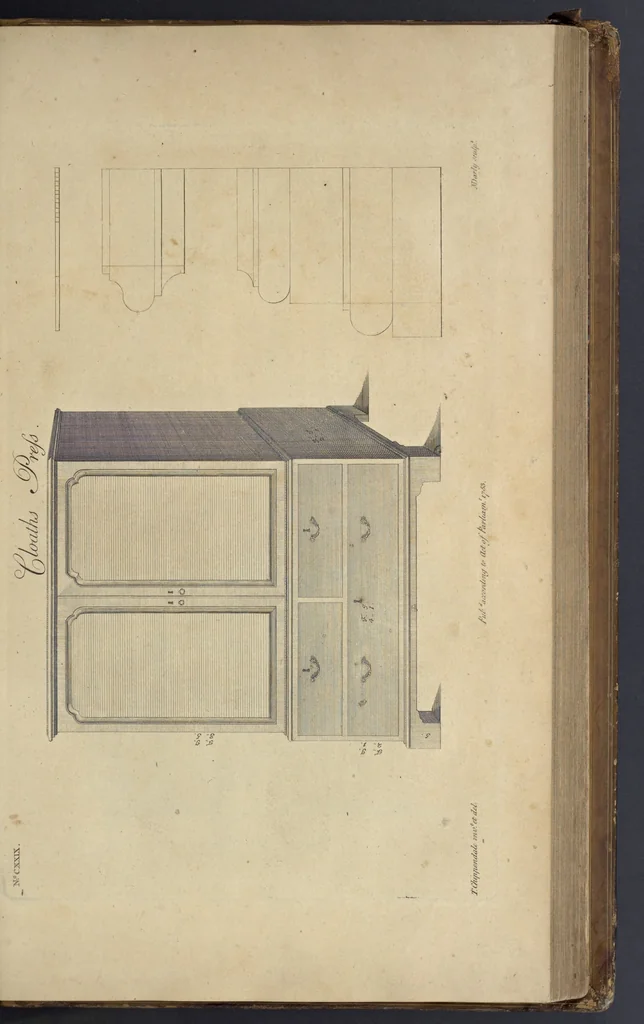 An illustration from The gentleman and cabinet-maker's director : being a large collection of the most elegant and useful designs of household furniture, in the most fashionable taste : including a great variety of chairs, cofas, beds, and couches : china-tables, dressing-tables, shaving-tables, bason-stands, and teakettle-stands : frames for marble-slabs, bureau-dressing-tables, and commodes : writing-tables, and library-tables : library-book-cases, organ-cases for private rooms, or churches, desks, and book-cases : dressing and writing-tables with book-cases, toilets, cabinets, and cloaths-presses : china-cases, china-shelves, and book-shelves : candle-stands, terms for busts, stands for china jars, and pedestals : cisterns for water, lanthorns, and chandeliers : fire-screens, brackets, and clock-cases : pier-glasses, and table-frames : girandoles, chimney-pieces, and picture-frames : stove-grates, boarders, frets, Chinese-railing, and brass-work, for furniture : and other ornaments : to which is prefixed, a short explanation of the five orders of architecture : with proper directions for executing the most difficult pieces, the mouldings being exhibited at large, and the dimensions of each design specified : the whole comprehended in two hundred copper-plates, neatly engraved ..., 1762, leaf 284