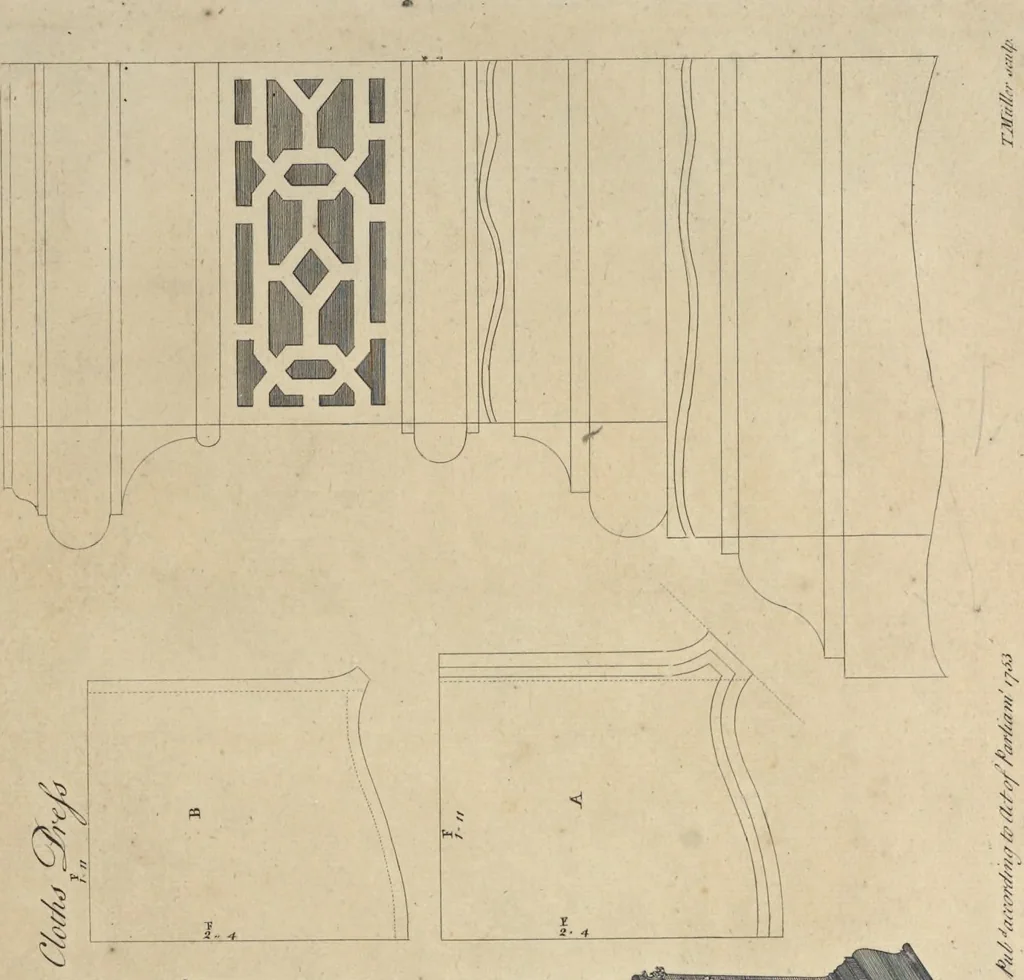 An illustration from The gentleman and cabinet-maker's director : being a large collection of the most elegant and useful designs of household furniture, in the most fashionable taste : including a great variety of chairs, cofas, beds, and couches : china-tables, dressing-tables, shaving-tables, bason-stands, and teakettle-stands : frames for marble-slabs, bureau-dressing-tables, and commodes : writing-tables, and library-tables : library-book-cases, organ-cases for private rooms, or churches, desks, and book-cases : dressing and writing-tables with book-cases, toilets, cabinets, and cloaths-presses : china-cases, china-shelves, and book-shelves : candle-stands, terms for busts, stands for china jars, and pedestals : cisterns for water, lanthorns, and chandeliers : fire-screens, brackets, and clock-cases : pier-glasses, and table-frames : girandoles, chimney-pieces, and picture-frames : stove-grates, boarders, frets, Chinese-railing, and brass-work, for furniture : and other ornaments : to which is prefixed, a short explanation of the five orders of architecture : with proper directions for executing the most difficult pieces, the mouldings being exhibited at large, and the dimensions of each design specified : the whole comprehended in two hundred copper-plates, neatly engraved ..., 1762, leaf 286