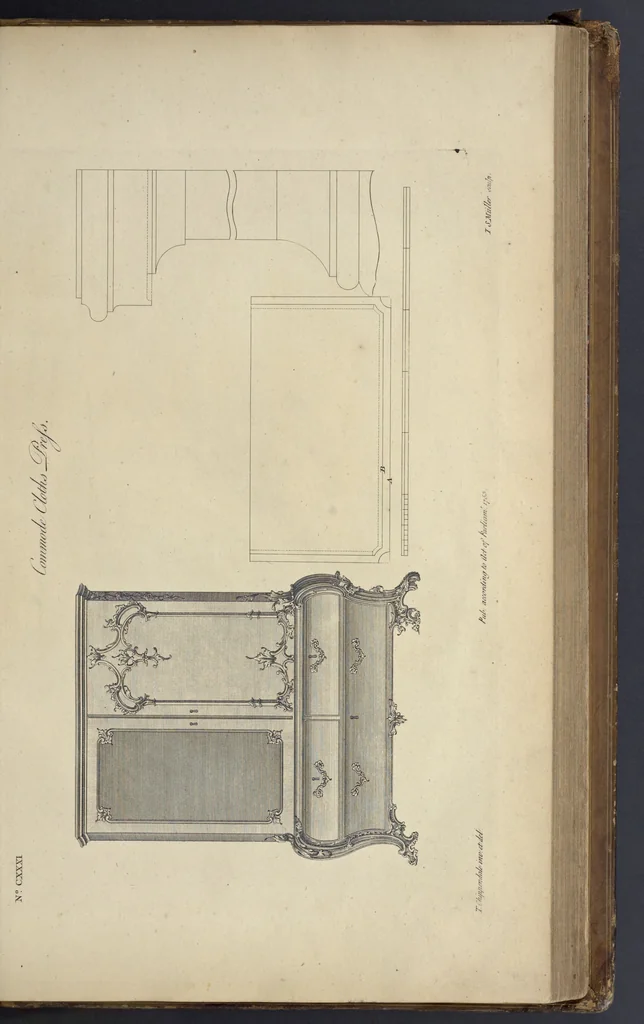 An illustration from The gentleman and cabinet-maker's director : being a large collection of the most elegant and useful designs of household furniture, in the most fashionable taste : including a great variety of chairs, cofas, beds, and couches : china-tables, dressing-tables, shaving-tables, bason-stands, and teakettle-stands : frames for marble-slabs, bureau-dressing-tables, and commodes : writing-tables, and library-tables : library-book-cases, organ-cases for private rooms, or churches, desks, and book-cases : dressing and writing-tables with book-cases, toilets, cabinets, and cloaths-presses : china-cases, china-shelves, and book-shelves : candle-stands, terms for busts, stands for china jars, and pedestals : cisterns for water, lanthorns, and chandeliers : fire-screens, brackets, and clock-cases : pier-glasses, and table-frames : girandoles, chimney-pieces, and picture-frames : stove-grates, boarders, frets, Chinese-railing, and brass-work, for furniture : and other ornaments : to which is prefixed, a short explanation of the five orders of architecture : with proper directions for executing the most difficult pieces, the mouldings being exhibited at large, and the dimensions of each design specified : the whole comprehended in two hundred copper-plates, neatly engraved ..., 1762, leaf 288