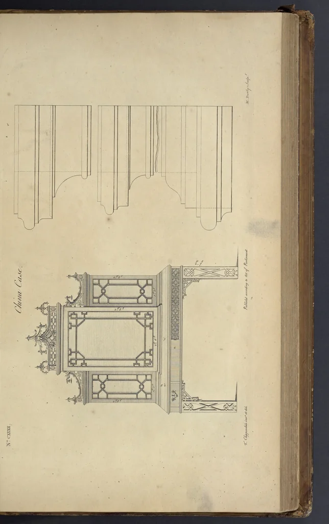 An illustration from The gentleman and cabinet-maker's director : being a large collection of the most elegant and useful designs of household furniture, in the most fashionable taste : including a great variety of chairs, cofas, beds, and couches : china-tables, dressing-tables, shaving-tables, bason-stands, and teakettle-stands : frames for marble-slabs, bureau-dressing-tables, and commodes : writing-tables, and library-tables : library-book-cases, organ-cases for private rooms, or churches, desks, and book-cases : dressing and writing-tables with book-cases, toilets, cabinets, and cloaths-presses : china-cases, china-shelves, and book-shelves : candle-stands, terms for busts, stands for china jars, and pedestals : cisterns for water, lanthorns, and chandeliers : fire-screens, brackets, and clock-cases : pier-glasses, and table-frames : girandoles, chimney-pieces, and picture-frames : stove-grates, boarders, frets, Chinese-railing, and brass-work, for furniture : and other ornaments : to which is prefixed, a short explanation of the five orders of architecture : with proper directions for executing the most difficult pieces, the mouldings being exhibited at large, and the dimensions of each design specified : the whole comprehended in two hundred copper-plates, neatly engraved ..., 1762, leaf 290