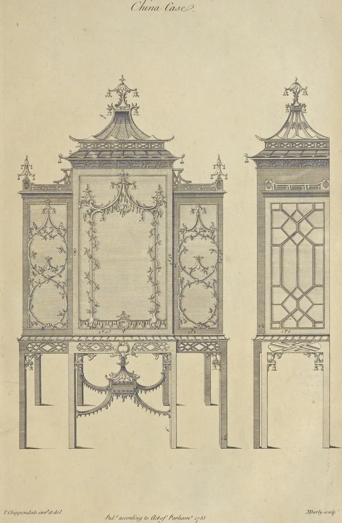 An illustration from The gentleman and cabinet-maker's director : being a large collection of the most elegant and useful designs of household furniture, in the most fashionable taste : including a great variety of chairs, cofas, beds, and couches : china-tables, dressing-tables, shaving-tables, bason-stands, and teakettle-stands : frames for marble-slabs, bureau-dressing-tables, and commodes : writing-tables, and library-tables : library-book-cases, organ-cases for private rooms, or churches, desks, and book-cases : dressing and writing-tables with book-cases, toilets, cabinets, and cloaths-presses : china-cases, china-shelves, and book-shelves : candle-stands, terms for busts, stands for china jars, and pedestals : cisterns for water, lanthorns, and chandeliers : fire-screens, brackets, and clock-cases : pier-glasses, and table-frames : girandoles, chimney-pieces, and picture-frames : stove-grates, boarders, frets, Chinese-railing, and brass-work, for furniture : and other ornaments : to which is prefixed, a short explanation of the five orders of architecture : with proper directions for executing the most difficult pieces, the mouldings being exhibited at large, and the dimensions of each design specified : the whole comprehended in two hundred copper-plates, neatly engraved ..., 1762, leaf 294