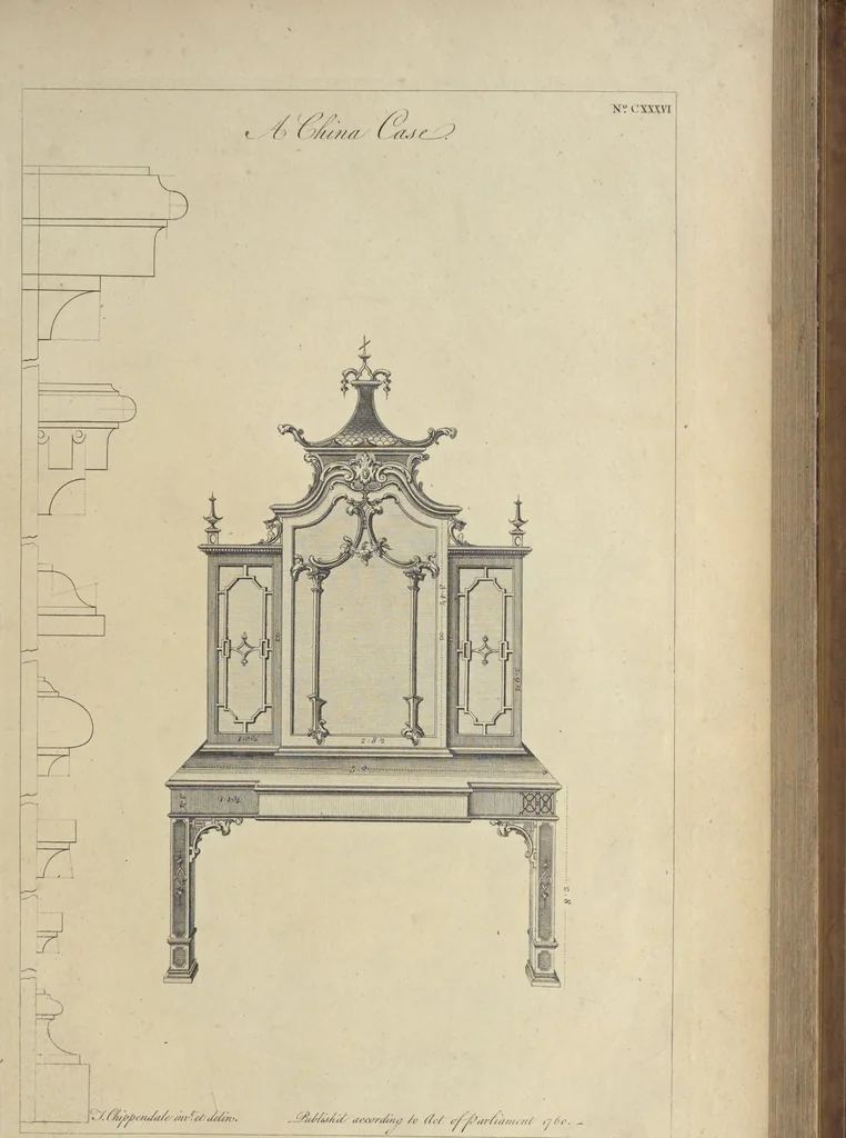 An illustration from The gentleman and cabinet-maker's director : being a large collection of the most elegant and useful designs of household furniture, in the most fashionable taste : including a great variety of chairs, cofas, beds, and couches : china-tables, dressing-tables, shaving-tables, bason-stands, and teakettle-stands : frames for marble-slabs, bureau-dressing-tables, and commodes : writing-tables, and library-tables : library-book-cases, organ-cases for private rooms, or churches, desks, and book-cases : dressing and writing-tables with book-cases, toilets, cabinets, and cloaths-presses : china-cases, china-shelves, and book-shelves : candle-stands, terms for busts, stands for china jars, and pedestals : cisterns for water, lanthorns, and chandeliers : fire-screens, brackets, and clock-cases : pier-glasses, and table-frames : girandoles, chimney-pieces, and picture-frames : stove-grates, boarders, frets, Chinese-railing, and brass-work, for furniture : and other ornaments : to which is prefixed, a short explanation of the five orders of architecture : with proper directions for executing the most difficult pieces, the mouldings being exhibited at large, and the dimensions of each design specified : the whole comprehended in two hundred copper-plates, neatly engraved ..., 1762, leaf 298