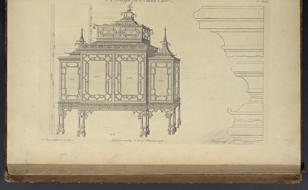 An illustration from The gentleman and cabinet-maker's director : being a large collection of the most elegant and useful designs of household furniture, in the most fashionable taste : including a great variety of chairs, cofas, beds, and couches : china-tables, dressing-tables, shaving-tables, bason-stands, and teakettle-stands : frames for marble-slabs, bureau-dressing-tables, and commodes : writing-tables, and library-tables : library-book-cases, organ-cases for private rooms, or churches, desks, and book-cases : dressing and writing-tables with book-cases, toilets, cabinets, and cloaths-presses : china-cases, china-shelves, and book-shelves : candle-stands, terms for busts, stands for china jars, and pedestals : cisterns for water, lanthorns, and chandeliers : fire-screens, brackets, and clock-cases : pier-glasses, and table-frames : girandoles, chimney-pieces, and picture-frames : stove-grates, boarders, frets, Chinese-railing, and brass-work, for furniture : and other ornaments : to which is prefixed, a short explanation of the five orders of architecture : with proper directions for executing the most difficult pieces, the mouldings being exhibited at large, and the dimensions of each design specified : the whole comprehended in two hundred copper-plates, neatly engraved ..., 1762, leaf 300