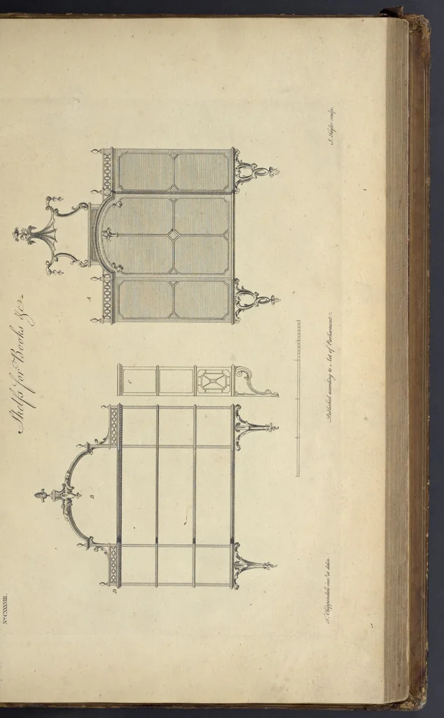 An illustration from The gentleman and cabinet-maker's director : being a large collection of the most elegant and useful designs of household furniture, in the most fashionable taste : including a great variety of chairs, cofas, beds, and couches : china-tables, dressing-tables, shaving-tables, bason-stands, and teakettle-stands : frames for marble-slabs, bureau-dressing-tables, and commodes : writing-tables, and library-tables : library-book-cases, organ-cases for private rooms, or churches, desks, and book-cases : dressing and writing-tables with book-cases, toilets, cabinets, and cloaths-presses : china-cases, china-shelves, and book-shelves : candle-stands, terms for busts, stands for china jars, and pedestals : cisterns for water, lanthorns, and chandeliers : fire-screens, brackets, and clock-cases : pier-glasses, and table-frames : girandoles, chimney-pieces, and picture-frames : stove-grates, boarders, frets, Chinese-railing, and brass-work, for furniture : and other ornaments : to which is prefixed, a short explanation of the five orders of architecture : with proper directions for executing the most difficult pieces, the mouldings being exhibited at large, and the dimensions of each design specified : the whole comprehended in two hundred copper-plates, neatly engraved ..., 1762, leaf 302