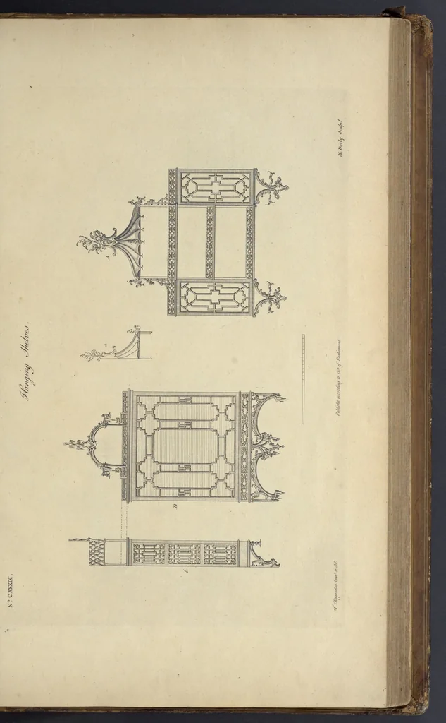 An illustration from The gentleman and cabinet-maker's director : being a large collection of the most elegant and useful designs of household furniture, in the most fashionable taste : including a great variety of chairs, cofas, beds, and couches : china-tables, dressing-tables, shaving-tables, bason-stands, and teakettle-stands : frames for marble-slabs, bureau-dressing-tables, and commodes : writing-tables, and library-tables : library-book-cases, organ-cases for private rooms, or churches, desks, and book-cases : dressing and writing-tables with book-cases, toilets, cabinets, and cloaths-presses : china-cases, china-shelves, and book-shelves : candle-stands, terms for busts, stands for china jars, and pedestals : cisterns for water, lanthorns, and chandeliers : fire-screens, brackets, and clock-cases : pier-glasses, and table-frames : girandoles, chimney-pieces, and picture-frames : stove-grates, boarders, frets, Chinese-railing, and brass-work, for furniture : and other ornaments : to which is prefixed, a short explanation of the five orders of architecture : with proper directions for executing the most difficult pieces, the mouldings being exhibited at large, and the dimensions of each design specified : the whole comprehended in two hundred copper-plates, neatly engraved ..., 1762, leaf 304