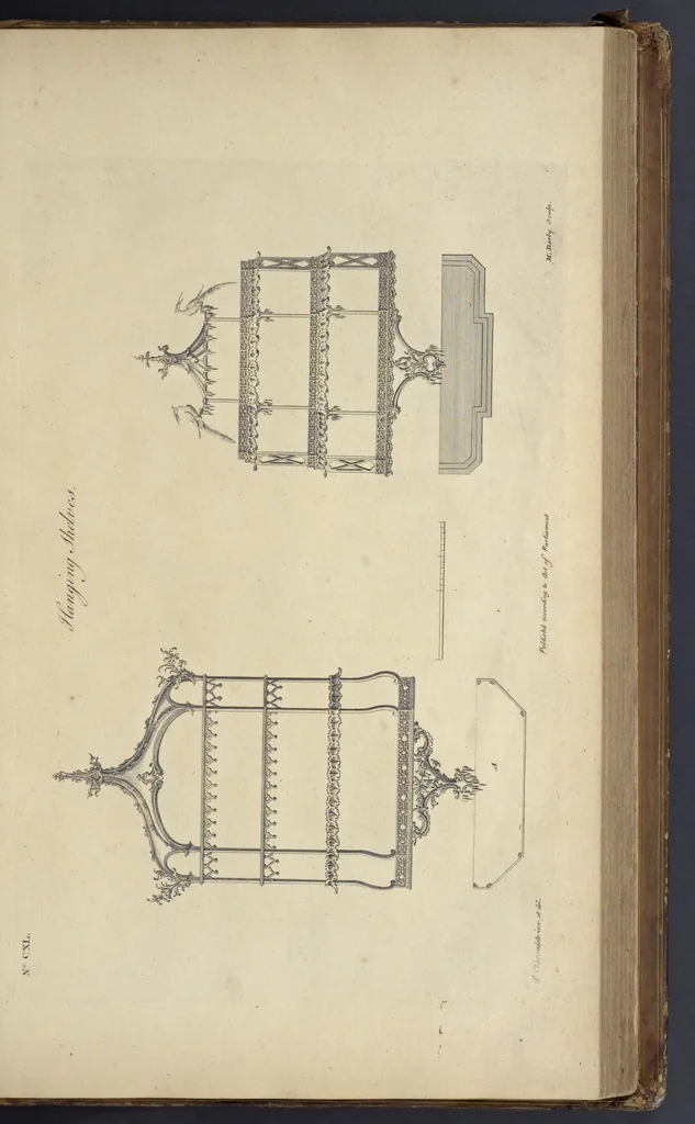 An illustration from The gentleman and cabinet-maker's director : being a large collection of the most elegant and useful designs of household furniture, in the most fashionable taste : including a great variety of chairs, cofas, beds, and couches : china-tables, dressing-tables, shaving-tables, bason-stands, and teakettle-stands : frames for marble-slabs, bureau-dressing-tables, and commodes : writing-tables, and library-tables : library-book-cases, organ-cases for private rooms, or churches, desks, and book-cases : dressing and writing-tables with book-cases, toilets, cabinets, and cloaths-presses : china-cases, china-shelves, and book-shelves : candle-stands, terms for busts, stands for china jars, and pedestals : cisterns for water, lanthorns, and chandeliers : fire-screens, brackets, and clock-cases : pier-glasses, and table-frames : girandoles, chimney-pieces, and picture-frames : stove-grates, boarders, frets, Chinese-railing, and brass-work, for furniture : and other ornaments : to which is prefixed, a short explanation of the five orders of architecture : with proper directions for executing the most difficult pieces, the mouldings being exhibited at large, and the dimensions of each design specified : the whole comprehended in two hundred copper-plates, neatly engraved ..., 1762, leaf 306