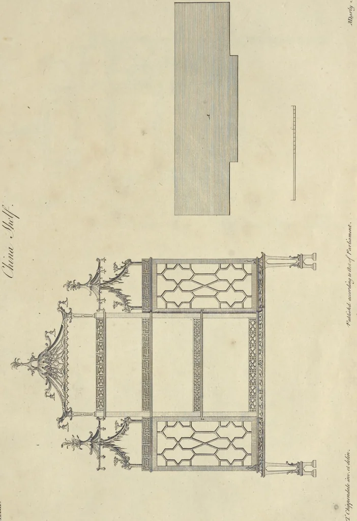 An illustration from The gentleman and cabinet-maker's director : being a large collection of the most elegant and useful designs of household furniture, in the most fashionable taste : including a great variety of chairs, cofas, beds, and couches : china-tables, dressing-tables, shaving-tables, bason-stands, and teakettle-stands : frames for marble-slabs, bureau-dressing-tables, and commodes : writing-tables, and library-tables : library-book-cases, organ-cases for private rooms, or churches, desks, and book-cases : dressing and writing-tables with book-cases, toilets, cabinets, and cloaths-presses : china-cases, china-shelves, and book-shelves : candle-stands, terms for busts, stands for china jars, and pedestals : cisterns for water, lanthorns, and chandeliers : fire-screens, brackets, and clock-cases : pier-glasses, and table-frames : girandoles, chimney-pieces, and picture-frames : stove-grates, boarders, frets, Chinese-railing, and brass-work, for furniture : and other ornaments : to which is prefixed, a short explanation of the five orders of architecture : with proper directions for executing the most difficult pieces, the mouldings being exhibited at large, and the dimensions of each design specified : the whole comprehended in two hundred copper-plates, neatly engraved ..., 1762, leaf 310