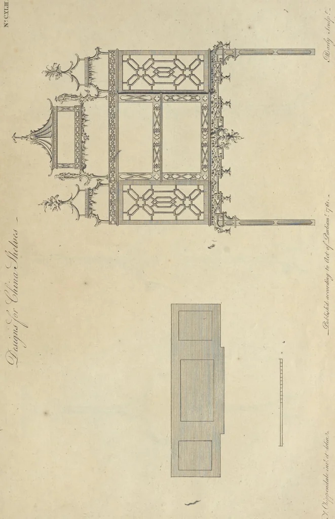 An illustration from The gentleman and cabinet-maker's director : being a large collection of the most elegant and useful designs of household furniture, in the most fashionable taste : including a great variety of chairs, cofas, beds, and couches : china-tables, dressing-tables, shaving-tables, bason-stands, and teakettle-stands : frames for marble-slabs, bureau-dressing-tables, and commodes : writing-tables, and library-tables : library-book-cases, organ-cases for private rooms, or churches, desks, and book-cases : dressing and writing-tables with book-cases, toilets, cabinets, and cloaths-presses : china-cases, china-shelves, and book-shelves : candle-stands, terms for busts, stands for china jars, and pedestals : cisterns for water, lanthorns, and chandeliers : fire-screens, brackets, and clock-cases : pier-glasses, and table-frames : girandoles, chimney-pieces, and picture-frames : stove-grates, boarders, frets, Chinese-railing, and brass-work, for furniture : and other ornaments : to which is prefixed, a short explanation of the five orders of architecture : with proper directions for executing the most difficult pieces, the mouldings being exhibited at large, and the dimensions of each design specified : the whole comprehended in two hundred copper-plates, neatly engraved ..., 1762, leaf 312