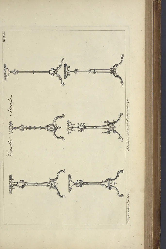 An illustration from The gentleman and cabinet-maker's director : being a large collection of the most elegant and useful designs of household furniture, in the most fashionable taste : including a great variety of chairs, cofas, beds, and couches : china-tables, dressing-tables, shaving-tables, bason-stands, and teakettle-stands : frames for marble-slabs, bureau-dressing-tables, and commodes : writing-tables, and library-tables : library-book-cases, organ-cases for private rooms, or churches, desks, and book-cases : dressing and writing-tables with book-cases, toilets, cabinets, and cloaths-presses : china-cases, china-shelves, and book-shelves : candle-stands, terms for busts, stands for china jars, and pedestals : cisterns for water, lanthorns, and chandeliers : fire-screens, brackets, and clock-cases : pier-glasses, and table-frames : girandoles, chimney-pieces, and picture-frames : stove-grates, boarders, frets, Chinese-railing, and brass-work, for furniture : and other ornaments : to which is prefixed, a short explanation of the five orders of architecture : with proper directions for executing the most difficult pieces, the mouldings being exhibited at large, and the dimensions of each design specified : the whole comprehended in two hundred copper-plates, neatly engraved ..., 1762, leaf 314