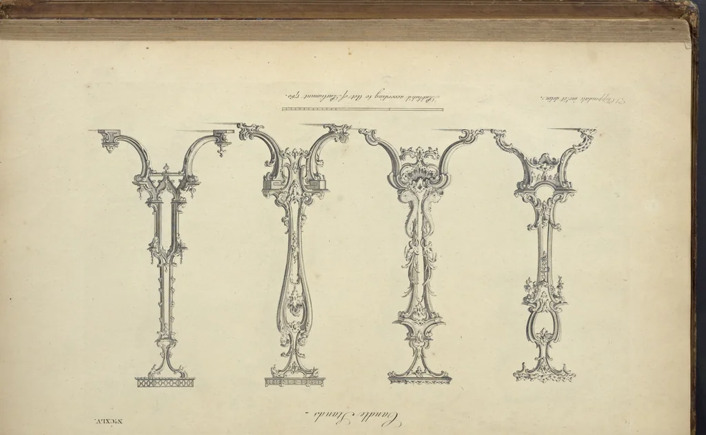 An illustration from The gentleman and cabinet-maker's director : being a large collection of the most elegant and useful designs of household furniture, in the most fashionable taste : including a great variety of chairs, cofas, beds, and couches : china-tables, dressing-tables, shaving-tables, bason-stands, and teakettle-stands : frames for marble-slabs, bureau-dressing-tables, and commodes : writing-tables, and library-tables : library-book-cases, organ-cases for private rooms, or churches, desks, and book-cases : dressing and writing-tables with book-cases, toilets, cabinets, and cloaths-presses : china-cases, china-shelves, and book-shelves : candle-stands, terms for busts, stands for china jars, and pedestals : cisterns for water, lanthorns, and chandeliers : fire-screens, brackets, and clock-cases : pier-glasses, and table-frames : girandoles, chimney-pieces, and picture-frames : stove-grates, boarders, frets, Chinese-railing, and brass-work, for furniture : and other ornaments : to which is prefixed, a short explanation of the five orders of architecture : with proper directions for executing the most difficult pieces, the mouldings being exhibited at large, and the dimensions of each design specified : the whole comprehended in two hundred copper-plates, neatly engraved ..., 1762, leaf 316