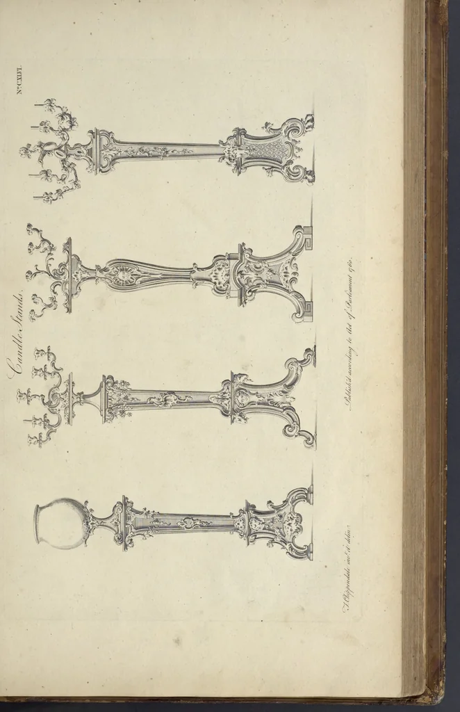 An illustration from The gentleman and cabinet-maker's director : being a large collection of the most elegant and useful designs of household furniture, in the most fashionable taste : including a great variety of chairs, cofas, beds, and couches : china-tables, dressing-tables, shaving-tables, bason-stands, and teakettle-stands : frames for marble-slabs, bureau-dressing-tables, and commodes : writing-tables, and library-tables : library-book-cases, organ-cases for private rooms, or churches, desks, and book-cases : dressing and writing-tables with book-cases, toilets, cabinets, and cloaths-presses : china-cases, china-shelves, and book-shelves : candle-stands, terms for busts, stands for china jars, and pedestals : cisterns for water, lanthorns, and chandeliers : fire-screens, brackets, and clock-cases : pier-glasses, and table-frames : girandoles, chimney-pieces, and picture-frames : stove-grates, boarders, frets, Chinese-railing, and brass-work, for furniture : and other ornaments : to which is prefixed, a short explanation of the five orders of architecture : with proper directions for executing the most difficult pieces, the mouldings being exhibited at large, and the dimensions of each design specified : the whole comprehended in two hundred copper-plates, neatly engraved ..., 1762, leaf 318