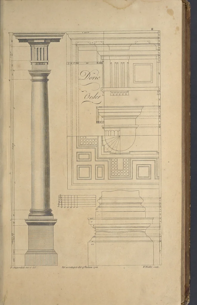 An illustration from The gentleman and cabinet-maker's director : being a large collection of the most elegant and useful designs of household furniture, in the most fashionable taste : including a great variety of chairs, cofas, beds, and couches : china-tables, dressing-tables, shaving-tables, bason-stands, and teakettle-stands : frames for marble-slabs, bureau-dressing-tables, and commodes : writing-tables, and library-tables : library-book-cases, organ-cases for private rooms, or churches, desks, and book-cases : dressing and writing-tables with book-cases, toilets, cabinets, and cloaths-presses : china-cases, china-shelves, and book-shelves : candle-stands, terms for busts, stands for china jars, and pedestals : cisterns for water, lanthorns, and chandeliers : fire-screens, brackets, and clock-cases : pier-glasses, and table-frames : girandoles, chimney-pieces, and picture-frames : stove-grates, boarders, frets, Chinese-railing, and brass-work, for furniture : and other ornaments : to which is prefixed, a short explanation of the five orders of architecture : with proper directions for executing the most difficult pieces, the mouldings being exhibited at large, and the dimensions of each design specified : the whole comprehended in two hundred copper-plates, neatly engraved ..., 1762, leaf 32