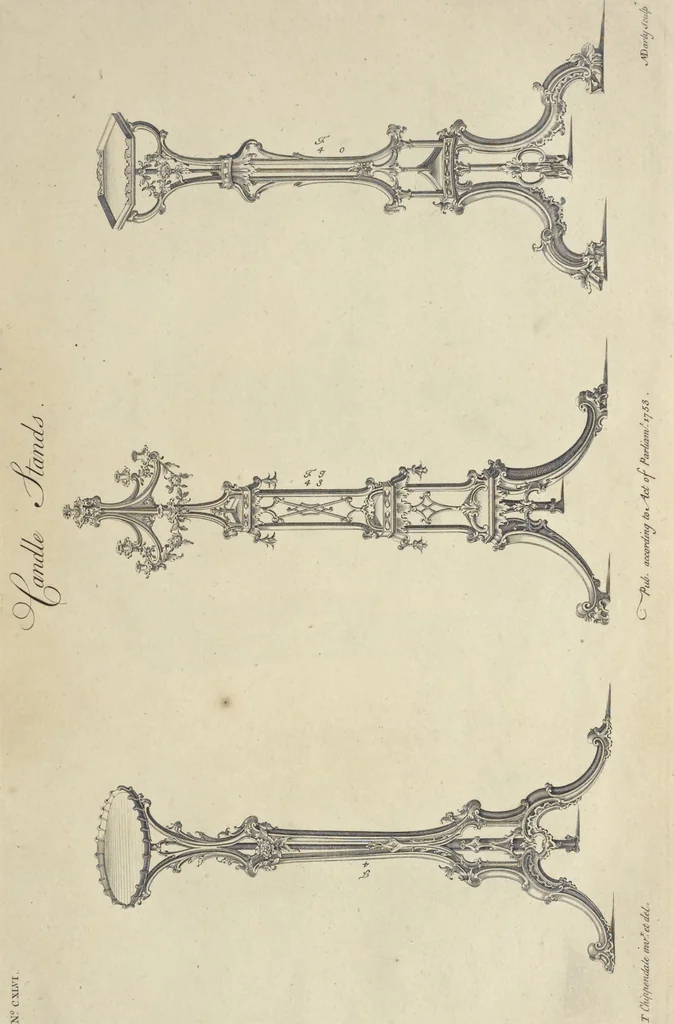 An illustration from The gentleman and cabinet-maker's director : being a large collection of the most elegant and useful designs of household furniture, in the most fashionable taste : including a great variety of chairs, cofas, beds, and couches : china-tables, dressing-tables, shaving-tables, bason-stands, and teakettle-stands : frames for marble-slabs, bureau-dressing-tables, and commodes : writing-tables, and library-tables : library-book-cases, organ-cases for private rooms, or churches, desks, and book-cases : dressing and writing-tables with book-cases, toilets, cabinets, and cloaths-presses : china-cases, china-shelves, and book-shelves : candle-stands, terms for busts, stands for china jars, and pedestals : cisterns for water, lanthorns, and chandeliers : fire-screens, brackets, and clock-cases : pier-glasses, and table-frames : girandoles, chimney-pieces, and picture-frames : stove-grates, boarders, frets, Chinese-railing, and brass-work, for furniture : and other ornaments : to which is prefixed, a short explanation of the five orders of architecture : with proper directions for executing the most difficult pieces, the mouldings being exhibited at large, and the dimensions of each design specified : the whole comprehended in two hundred copper-plates, neatly engraved ..., 1762, leaf 320