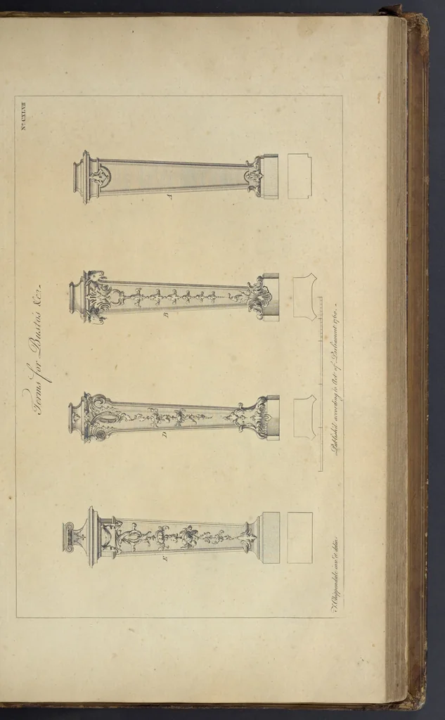 An illustration from The gentleman and cabinet-maker's director : being a large collection of the most elegant and useful designs of household furniture, in the most fashionable taste : including a great variety of chairs, cofas, beds, and couches : china-tables, dressing-tables, shaving-tables, bason-stands, and teakettle-stands : frames for marble-slabs, bureau-dressing-tables, and commodes : writing-tables, and library-tables : library-book-cases, organ-cases for private rooms, or churches, desks, and book-cases : dressing and writing-tables with book-cases, toilets, cabinets, and cloaths-presses : china-cases, china-shelves, and book-shelves : candle-stands, terms for busts, stands for china jars, and pedestals : cisterns for water, lanthorns, and chandeliers : fire-screens, brackets, and clock-cases : pier-glasses, and table-frames : girandoles, chimney-pieces, and picture-frames : stove-grates, boarders, frets, Chinese-railing, and brass-work, for furniture : and other ornaments : to which is prefixed, a short explanation of the five orders of architecture : with proper directions for executing the most difficult pieces, the mouldings being exhibited at large, and the dimensions of each design specified : the whole comprehended in two hundred copper-plates, neatly engraved ..., 1762, leaf 322