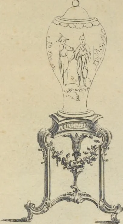 An illustration from The gentleman and cabinet-maker's director : being a large collection of the most elegant and useful designs of household furniture, in the most fashionable taste : including a great variety of chairs, cofas, beds, and couches : china-tables, dressing-tables, shaving-tables, bason-stands, and teakettle-stands : frames for marble-slabs, bureau-dressing-tables, and commodes : writing-tables, and library-tables : library-book-cases, organ-cases for private rooms, or churches, desks, and book-cases : dressing and writing-tables with book-cases, toilets, cabinets, and cloaths-presses : china-cases, china-shelves, and book-shelves : candle-stands, terms for busts, stands for china jars, and pedestals : cisterns for water, lanthorns, and chandeliers : fire-screens, brackets, and clock-cases : pier-glasses, and table-frames : girandoles, chimney-pieces, and picture-frames : stove-grates, boarders, frets, Chinese-railing, and brass-work, for furniture : and other ornaments : to which is prefixed, a short explanation of the five orders of architecture : with proper directions for executing the most difficult pieces, the mouldings being exhibited at large, and the dimensions of each design specified : the whole comprehended in two hundred copper-plates, neatly engraved ..., 1762, leaf 324
