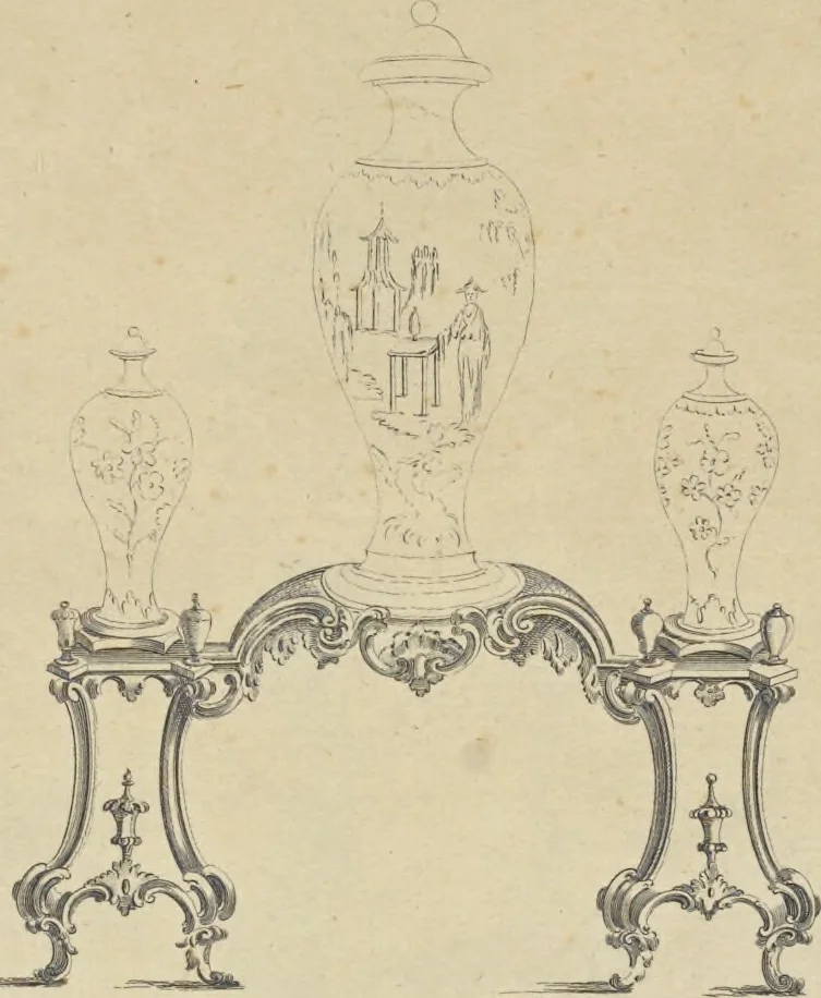 An illustration from The gentleman and cabinet-maker's director : being a large collection of the most elegant and useful designs of household furniture, in the most fashionable taste : including a great variety of chairs, cofas, beds, and couches : china-tables, dressing-tables, shaving-tables, bason-stands, and teakettle-stands : frames for marble-slabs, bureau-dressing-tables, and commodes : writing-tables, and library-tables : library-book-cases, organ-cases for private rooms, or churches, desks, and book-cases : dressing and writing-tables with book-cases, toilets, cabinets, and cloaths-presses : china-cases, china-shelves, and book-shelves : candle-stands, terms for busts, stands for china jars, and pedestals : cisterns for water, lanthorns, and chandeliers : fire-screens, brackets, and clock-cases : pier-glasses, and table-frames : girandoles, chimney-pieces, and picture-frames : stove-grates, boarders, frets, Chinese-railing, and brass-work, for furniture : and other ornaments : to which is prefixed, a short explanation of the five orders of architecture : with proper directions for executing the most difficult pieces, the mouldings being exhibited at large, and the dimensions of each design specified : the whole comprehended in two hundred copper-plates, neatly engraved ..., 1762, leaf 324