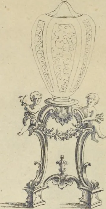 An illustration from The gentleman and cabinet-maker's director : being a large collection of the most elegant and useful designs of household furniture, in the most fashionable taste : including a great variety of chairs, cofas, beds, and couches : china-tables, dressing-tables, shaving-tables, bason-stands, and teakettle-stands : frames for marble-slabs, bureau-dressing-tables, and commodes : writing-tables, and library-tables : library-book-cases, organ-cases for private rooms, or churches, desks, and book-cases : dressing and writing-tables with book-cases, toilets, cabinets, and cloaths-presses : china-cases, china-shelves, and book-shelves : candle-stands, terms for busts, stands for china jars, and pedestals : cisterns for water, lanthorns, and chandeliers : fire-screens, brackets, and clock-cases : pier-glasses, and table-frames : girandoles, chimney-pieces, and picture-frames : stove-grates, boarders, frets, Chinese-railing, and brass-work, for furniture : and other ornaments : to which is prefixed, a short explanation of the five orders of architecture : with proper directions for executing the most difficult pieces, the mouldings being exhibited at large, and the dimensions of each design specified : the whole comprehended in two hundred copper-plates, neatly engraved ..., 1762, leaf 324