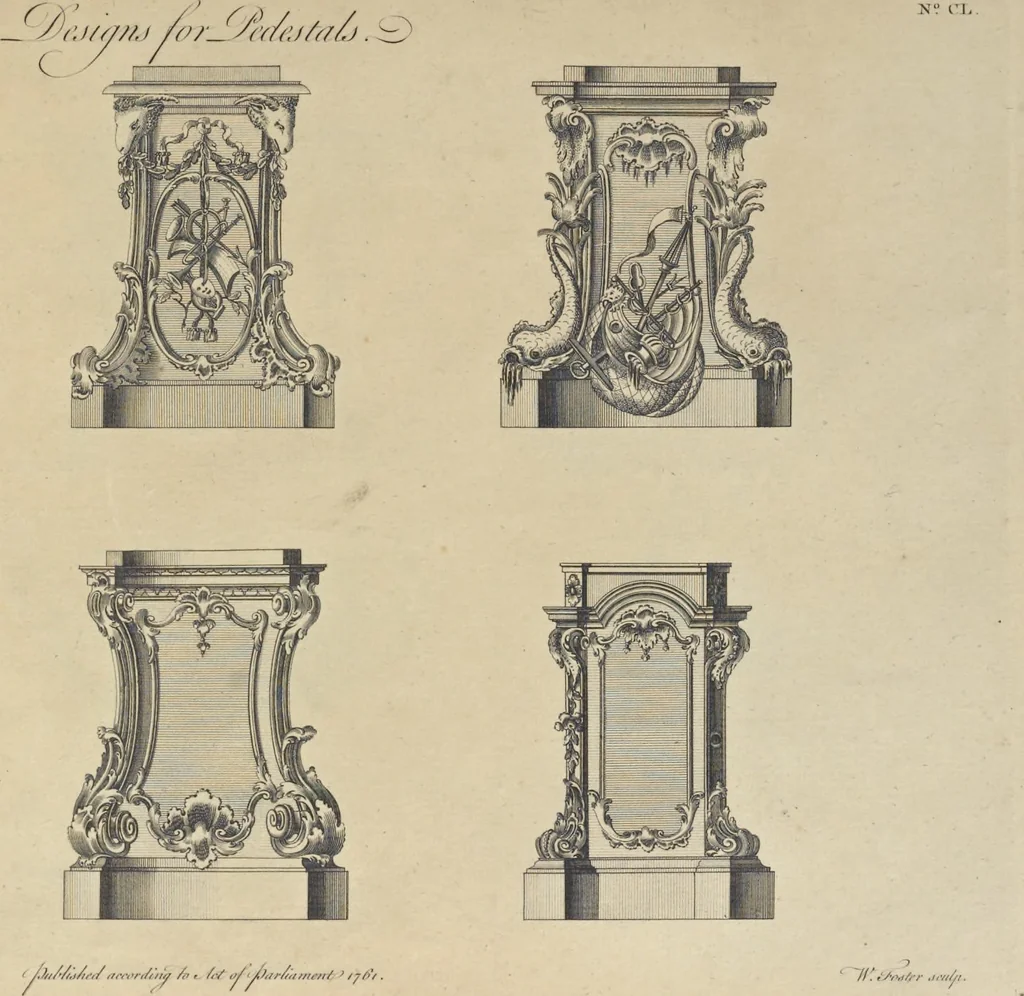 An illustration from The gentleman and cabinet-maker's director : being a large collection of the most elegant and useful designs of household furniture, in the most fashionable taste : including a great variety of chairs, cofas, beds, and couches : china-tables, dressing-tables, shaving-tables, bason-stands, and teakettle-stands : frames for marble-slabs, bureau-dressing-tables, and commodes : writing-tables, and library-tables : library-book-cases, organ-cases for private rooms, or churches, desks, and book-cases : dressing and writing-tables with book-cases, toilets, cabinets, and cloaths-presses : china-cases, china-shelves, and book-shelves : candle-stands, terms for busts, stands for china jars, and pedestals : cisterns for water, lanthorns, and chandeliers : fire-screens, brackets, and clock-cases : pier-glasses, and table-frames : girandoles, chimney-pieces, and picture-frames : stove-grates, boarders, frets, Chinese-railing, and brass-work, for furniture : and other ornaments : to which is prefixed, a short explanation of the five orders of architecture : with proper directions for executing the most difficult pieces, the mouldings being exhibited at large, and the dimensions of each design specified : the whole comprehended in two hundred copper-plates, neatly engraved ..., 1762, leaf 326