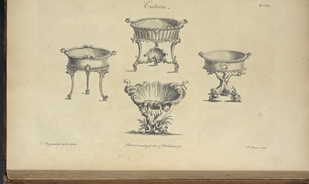 An illustration from The gentleman and cabinet-maker's director : being a large collection of the most elegant and useful designs of household furniture, in the most fashionable taste : including a great variety of chairs, cofas, beds, and couches : china-tables, dressing-tables, shaving-tables, bason-stands, and teakettle-stands : frames for marble-slabs, bureau-dressing-tables, and commodes : writing-tables, and library-tables : library-book-cases, organ-cases for private rooms, or churches, desks, and book-cases : dressing and writing-tables with book-cases, toilets, cabinets, and cloaths-presses : china-cases, china-shelves, and book-shelves : candle-stands, terms for busts, stands for china jars, and pedestals : cisterns for water, lanthorns, and chandeliers : fire-screens, brackets, and clock-cases : pier-glasses, and table-frames : girandoles, chimney-pieces, and picture-frames : stove-grates, boarders, frets, Chinese-railing, and brass-work, for furniture : and other ornaments : to which is prefixed, a short explanation of the five orders of architecture : with proper directions for executing the most difficult pieces, the mouldings being exhibited at large, and the dimensions of each design specified : the whole comprehended in two hundred copper-plates, neatly engraved ..., 1762, leaf 328