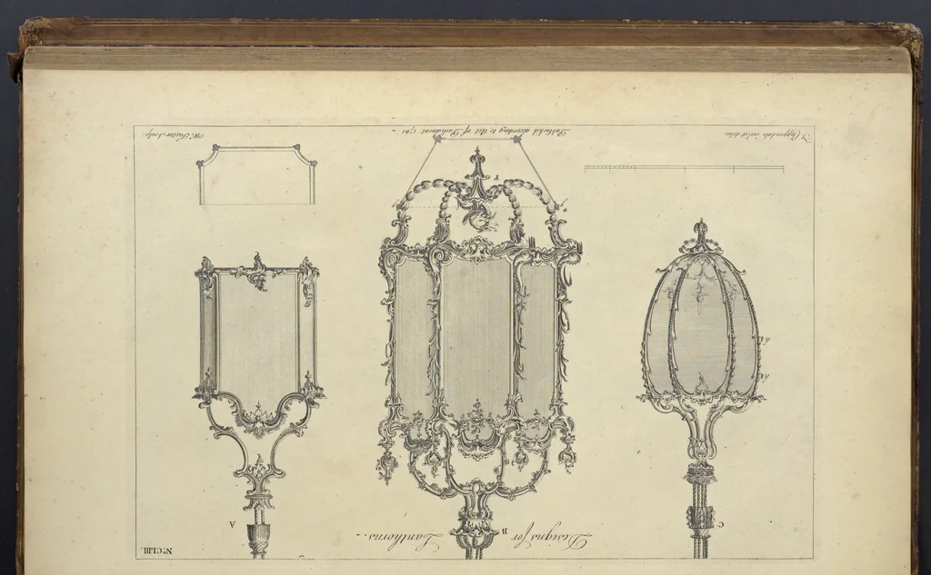 An illustration from The gentleman and cabinet-maker's director : being a large collection of the most elegant and useful designs of household furniture, in the most fashionable taste : including a great variety of chairs, cofas, beds, and couches : china-tables, dressing-tables, shaving-tables, bason-stands, and teakettle-stands : frames for marble-slabs, bureau-dressing-tables, and commodes : writing-tables, and library-tables : library-book-cases, organ-cases for private rooms, or churches, desks, and book-cases : dressing and writing-tables with book-cases, toilets, cabinets, and cloaths-presses : china-cases, china-shelves, and book-shelves : candle-stands, terms for busts, stands for china jars, and pedestals : cisterns for water, lanthorns, and chandeliers : fire-screens, brackets, and clock-cases : pier-glasses, and table-frames : girandoles, chimney-pieces, and picture-frames : stove-grates, boarders, frets, Chinese-railing, and brass-work, for furniture : and other ornaments : to which is prefixed, a short explanation of the five orders of architecture : with proper directions for executing the most difficult pieces, the mouldings being exhibited at large, and the dimensions of each design specified : the whole comprehended in two hundred copper-plates, neatly engraved ..., 1762, leaf 332