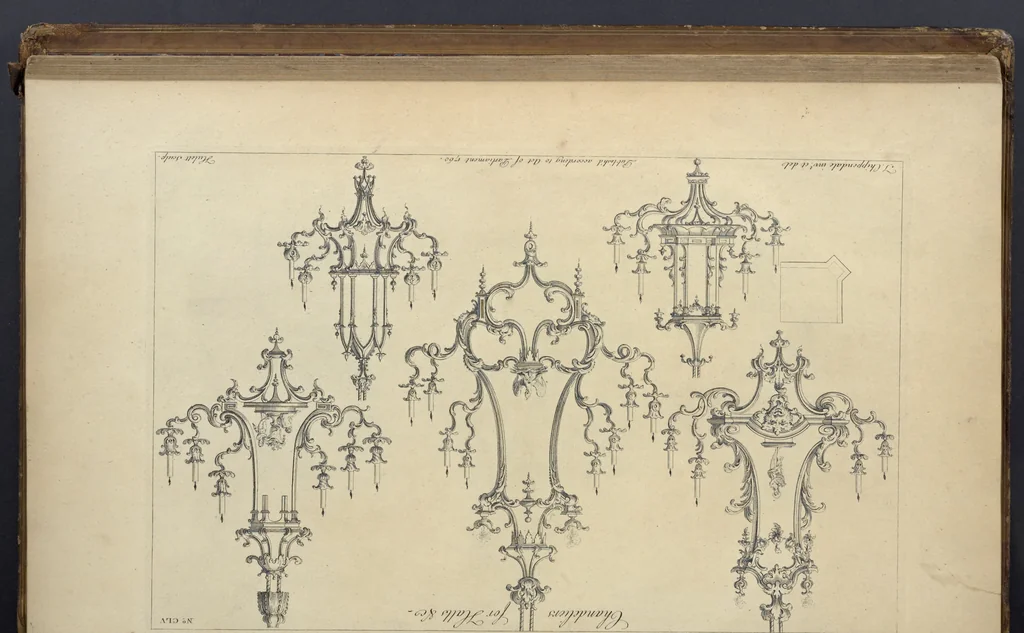 An illustration from The gentleman and cabinet-maker's director : being a large collection of the most elegant and useful designs of household furniture, in the most fashionable taste : including a great variety of chairs, cofas, beds, and couches : china-tables, dressing-tables, shaving-tables, bason-stands, and teakettle-stands : frames for marble-slabs, bureau-dressing-tables, and commodes : writing-tables, and library-tables : library-book-cases, organ-cases for private rooms, or churches, desks, and book-cases : dressing and writing-tables with book-cases, toilets, cabinets, and cloaths-presses : china-cases, china-shelves, and book-shelves : candle-stands, terms for busts, stands for china jars, and pedestals : cisterns for water, lanthorns, and chandeliers : fire-screens, brackets, and clock-cases : pier-glasses, and table-frames : girandoles, chimney-pieces, and picture-frames : stove-grates, boarders, frets, Chinese-railing, and brass-work, for furniture : and other ornaments : to which is prefixed, a short explanation of the five orders of architecture : with proper directions for executing the most difficult pieces, the mouldings being exhibited at large, and the dimensions of each design specified : the whole comprehended in two hundred copper-plates, neatly engraved ..., 1762, leaf 336