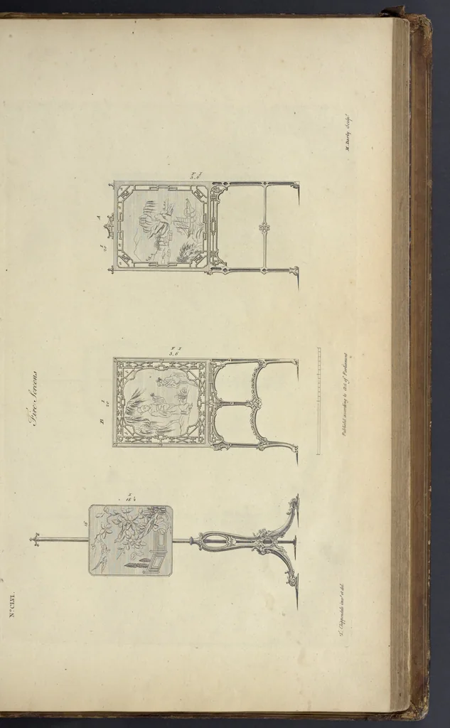 An illustration from The gentleman and cabinet-maker's director : being a large collection of the most elegant and useful designs of household furniture, in the most fashionable taste : including a great variety of chairs, cofas, beds, and couches : china-tables, dressing-tables, shaving-tables, bason-stands, and teakettle-stands : frames for marble-slabs, bureau-dressing-tables, and commodes : writing-tables, and library-tables : library-book-cases, organ-cases for private rooms, or churches, desks, and book-cases : dressing and writing-tables with book-cases, toilets, cabinets, and cloaths-presses : china-cases, china-shelves, and book-shelves : candle-stands, terms for busts, stands for china jars, and pedestals : cisterns for water, lanthorns, and chandeliers : fire-screens, brackets, and clock-cases : pier-glasses, and table-frames : girandoles, chimney-pieces, and picture-frames : stove-grates, boarders, frets, Chinese-railing, and brass-work, for furniture : and other ornaments : to which is prefixed, a short explanation of the five orders of architecture : with proper directions for executing the most difficult pieces, the mouldings being exhibited at large, and the dimensions of each design specified : the whole comprehended in two hundred copper-plates, neatly engraved ..., 1762, leaf 338