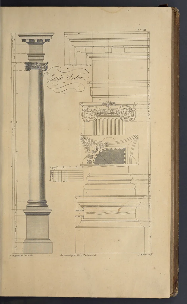 An illustration from The gentleman and cabinet-maker's director : being a large collection of the most elegant and useful designs of household furniture, in the most fashionable taste : including a great variety of chairs, cofas, beds, and couches : china-tables, dressing-tables, shaving-tables, bason-stands, and teakettle-stands : frames for marble-slabs, bureau-dressing-tables, and commodes : writing-tables, and library-tables : library-book-cases, organ-cases for private rooms, or churches, desks, and book-cases : dressing and writing-tables with book-cases, toilets, cabinets, and cloaths-presses : china-cases, china-shelves, and book-shelves : candle-stands, terms for busts, stands for china jars, and pedestals : cisterns for water, lanthorns, and chandeliers : fire-screens, brackets, and clock-cases : pier-glasses, and table-frames : girandoles, chimney-pieces, and picture-frames : stove-grates, boarders, frets, Chinese-railing, and brass-work, for furniture : and other ornaments : to which is prefixed, a short explanation of the five orders of architecture : with proper directions for executing the most difficult pieces, the mouldings being exhibited at large, and the dimensions of each design specified : the whole comprehended in two hundred copper-plates, neatly engraved ..., 1762, leaf 34