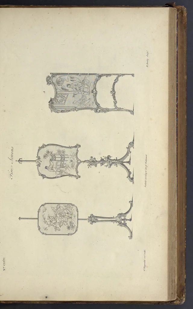An illustration from The gentleman and cabinet-maker's director : being a large collection of the most elegant and useful designs of household furniture, in the most fashionable taste : including a great variety of chairs, cofas, beds, and couches : china-tables, dressing-tables, shaving-tables, bason-stands, and teakettle-stands : frames for marble-slabs, bureau-dressing-tables, and commodes : writing-tables, and library-tables : library-book-cases, organ-cases for private rooms, or churches, desks, and book-cases : dressing and writing-tables with book-cases, toilets, cabinets, and cloaths-presses : china-cases, china-shelves, and book-shelves : candle-stands, terms for busts, stands for china jars, and pedestals : cisterns for water, lanthorns, and chandeliers : fire-screens, brackets, and clock-cases : pier-glasses, and table-frames : girandoles, chimney-pieces, and picture-frames : stove-grates, boarders, frets, Chinese-railing, and brass-work, for furniture : and other ornaments : to which is prefixed, a short explanation of the five orders of architecture : with proper directions for executing the most difficult pieces, the mouldings being exhibited at large, and the dimensions of each design specified : the whole comprehended in two hundred copper-plates, neatly engraved ..., 1762, leaf 340