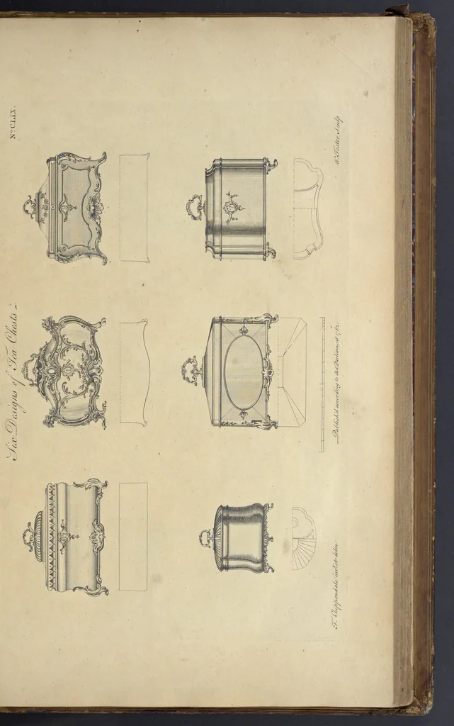 An illustration from The gentleman and cabinet-maker's director : being a large collection of the most elegant and useful designs of household furniture, in the most fashionable taste : including a great variety of chairs, cofas, beds, and couches : china-tables, dressing-tables, shaving-tables, bason-stands, and teakettle-stands : frames for marble-slabs, bureau-dressing-tables, and commodes : writing-tables, and library-tables : library-book-cases, organ-cases for private rooms, or churches, desks, and book-cases : dressing and writing-tables with book-cases, toilets, cabinets, and cloaths-presses : china-cases, china-shelves, and book-shelves : candle-stands, terms for busts, stands for china jars, and pedestals : cisterns for water, lanthorns, and chandeliers : fire-screens, brackets, and clock-cases : pier-glasses, and table-frames : girandoles, chimney-pieces, and picture-frames : stove-grates, boarders, frets, Chinese-railing, and brass-work, for furniture : and other ornaments : to which is prefixed, a short explanation of the five orders of architecture : with proper directions for executing the most difficult pieces, the mouldings being exhibited at large, and the dimensions of each design specified : the whole comprehended in two hundred copper-plates, neatly engraved ..., 1762, leaf 344