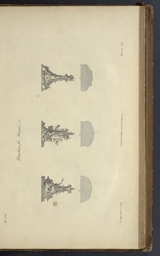 An illustration from The gentleman and cabinet-maker's director : being a large collection of the most elegant and useful designs of household furniture, in the most fashionable taste : including a great variety of chairs, cofas, beds, and couches : china-tables, dressing-tables, shaving-tables, bason-stands, and teakettle-stands : frames for marble-slabs, bureau-dressing-tables, and commodes : writing-tables, and library-tables : library-book-cases, organ-cases for private rooms, or churches, desks, and book-cases : dressing and writing-tables with book-cases, toilets, cabinets, and cloaths-presses : china-cases, china-shelves, and book-shelves : candle-stands, terms for busts, stands for china jars, and pedestals : cisterns for water, lanthorns, and chandeliers : fire-screens, brackets, and clock-cases : pier-glasses, and table-frames : girandoles, chimney-pieces, and picture-frames : stove-grates, boarders, frets, Chinese-railing, and brass-work, for furniture : and other ornaments : to which is prefixed, a short explanation of the five orders of architecture : with proper directions for executing the most difficult pieces, the mouldings being exhibited at large, and the dimensions of each design specified : the whole comprehended in two hundred copper-plates, neatly engraved ..., 1762, leaf 346