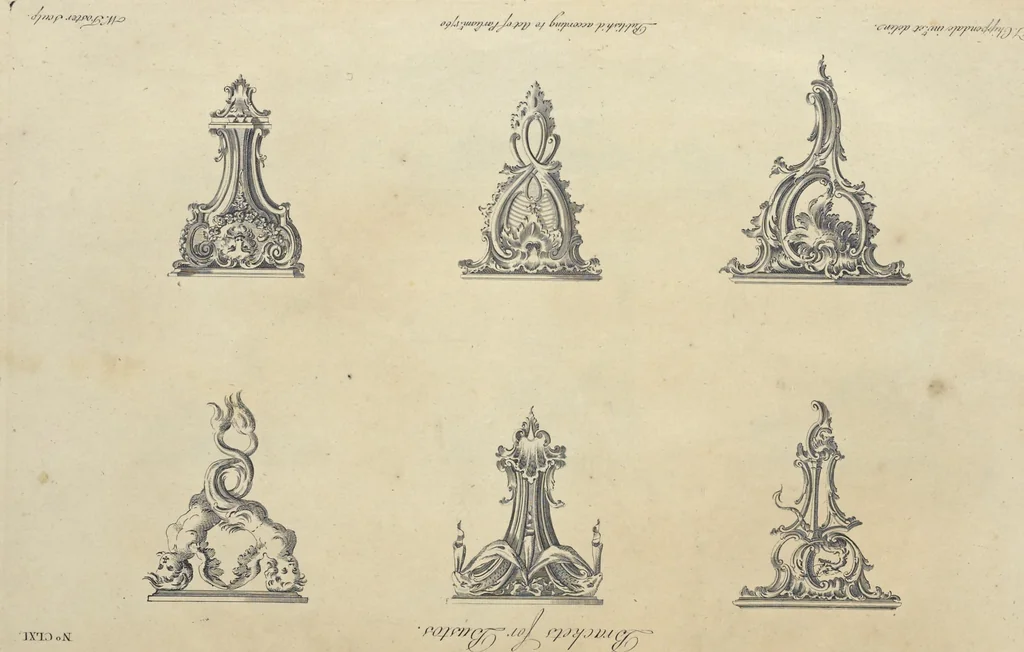 An illustration from The gentleman and cabinet-maker's director : being a large collection of the most elegant and useful designs of household furniture, in the most fashionable taste : including a great variety of chairs, cofas, beds, and couches : china-tables, dressing-tables, shaving-tables, bason-stands, and teakettle-stands : frames for marble-slabs, bureau-dressing-tables, and commodes : writing-tables, and library-tables : library-book-cases, organ-cases for private rooms, or churches, desks, and book-cases : dressing and writing-tables with book-cases, toilets, cabinets, and cloaths-presses : china-cases, china-shelves, and book-shelves : candle-stands, terms for busts, stands for china jars, and pedestals : cisterns for water, lanthorns, and chandeliers : fire-screens, brackets, and clock-cases : pier-glasses, and table-frames : girandoles, chimney-pieces, and picture-frames : stove-grates, boarders, frets, Chinese-railing, and brass-work, for furniture : and other ornaments : to which is prefixed, a short explanation of the five orders of architecture : with proper directions for executing the most difficult pieces, the mouldings being exhibited at large, and the dimensions of each design specified : the whole comprehended in two hundred copper-plates, neatly engraved ..., 1762, leaf 348