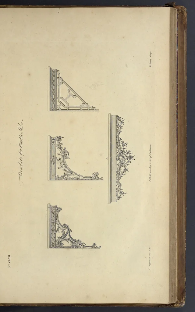 An illustration from The gentleman and cabinet-maker's director : being a large collection of the most elegant and useful designs of household furniture, in the most fashionable taste : including a great variety of chairs, cofas, beds, and couches : china-tables, dressing-tables, shaving-tables, bason-stands, and teakettle-stands : frames for marble-slabs, bureau-dressing-tables, and commodes : writing-tables, and library-tables : library-book-cases, organ-cases for private rooms, or churches, desks, and book-cases : dressing and writing-tables with book-cases, toilets, cabinets, and cloaths-presses : china-cases, china-shelves, and book-shelves : candle-stands, terms for busts, stands for china jars, and pedestals : cisterns for water, lanthorns, and chandeliers : fire-screens, brackets, and clock-cases : pier-glasses, and table-frames : girandoles, chimney-pieces, and picture-frames : stove-grates, boarders, frets, Chinese-railing, and brass-work, for furniture : and other ornaments : to which is prefixed, a short explanation of the five orders of architecture : with proper directions for executing the most difficult pieces, the mouldings being exhibited at large, and the dimensions of each design specified : the whole comprehended in two hundred copper-plates, neatly engraved ..., 1762, leaf 350