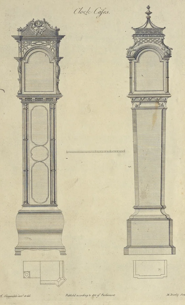 An illustration from The gentleman and cabinet-maker's director : being a large collection of the most elegant and useful designs of household furniture, in the most fashionable taste : including a great variety of chairs, cofas, beds, and couches : china-tables, dressing-tables, shaving-tables, bason-stands, and teakettle-stands : frames for marble-slabs, bureau-dressing-tables, and commodes : writing-tables, and library-tables : library-book-cases, organ-cases for private rooms, or churches, desks, and book-cases : dressing and writing-tables with book-cases, toilets, cabinets, and cloaths-presses : china-cases, china-shelves, and book-shelves : candle-stands, terms for busts, stands for china jars, and pedestals : cisterns for water, lanthorns, and chandeliers : fire-screens, brackets, and clock-cases : pier-glasses, and table-frames : girandoles, chimney-pieces, and picture-frames : stove-grates, boarders, frets, Chinese-railing, and brass-work, for furniture : and other ornaments : to which is prefixed, a short explanation of the five orders of architecture : with proper directions for executing the most difficult pieces, the mouldings being exhibited at large, and the dimensions of each design specified : the whole comprehended in two hundred copper-plates, neatly engraved ..., 1762, leaf 352