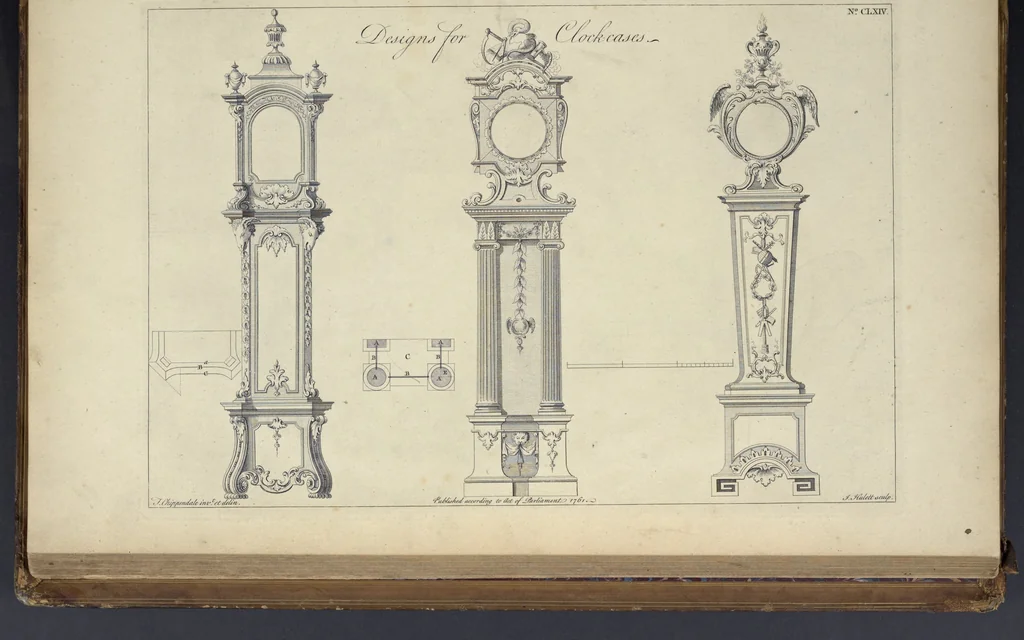 An illustration from The gentleman and cabinet-maker's director : being a large collection of the most elegant and useful designs of household furniture, in the most fashionable taste : including a great variety of chairs, cofas, beds, and couches : china-tables, dressing-tables, shaving-tables, bason-stands, and teakettle-stands : frames for marble-slabs, bureau-dressing-tables, and commodes : writing-tables, and library-tables : library-book-cases, organ-cases for private rooms, or churches, desks, and book-cases : dressing and writing-tables with book-cases, toilets, cabinets, and cloaths-presses : china-cases, china-shelves, and book-shelves : candle-stands, terms for busts, stands for china jars, and pedestals : cisterns for water, lanthorns, and chandeliers : fire-screens, brackets, and clock-cases : pier-glasses, and table-frames : girandoles, chimney-pieces, and picture-frames : stove-grates, boarders, frets, Chinese-railing, and brass-work, for furniture : and other ornaments : to which is prefixed, a short explanation of the five orders of architecture : with proper directions for executing the most difficult pieces, the mouldings being exhibited at large, and the dimensions of each design specified : the whole comprehended in two hundred copper-plates, neatly engraved ..., 1762, leaf 354