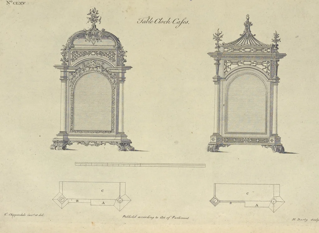 An illustration from The gentleman and cabinet-maker's director : being a large collection of the most elegant and useful designs of household furniture, in the most fashionable taste : including a great variety of chairs, cofas, beds, and couches : china-tables, dressing-tables, shaving-tables, bason-stands, and teakettle-stands : frames for marble-slabs, bureau-dressing-tables, and commodes : writing-tables, and library-tables : library-book-cases, organ-cases for private rooms, or churches, desks, and book-cases : dressing and writing-tables with book-cases, toilets, cabinets, and cloaths-presses : china-cases, china-shelves, and book-shelves : candle-stands, terms for busts, stands for china jars, and pedestals : cisterns for water, lanthorns, and chandeliers : fire-screens, brackets, and clock-cases : pier-glasses, and table-frames : girandoles, chimney-pieces, and picture-frames : stove-grates, boarders, frets, Chinese-railing, and brass-work, for furniture : and other ornaments : to which is prefixed, a short explanation of the five orders of architecture : with proper directions for executing the most difficult pieces, the mouldings being exhibited at large, and the dimensions of each design specified : the whole comprehended in two hundred copper-plates, neatly engraved ..., 1762, leaf 356