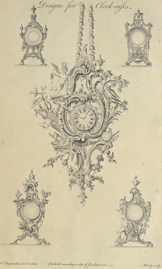 An illustration from The gentleman and cabinet-maker's director : being a large collection of the most elegant and useful designs of household furniture, in the most fashionable taste : including a great variety of chairs, cofas, beds, and couches : china-tables, dressing-tables, shaving-tables, bason-stands, and teakettle-stands : frames for marble-slabs, bureau-dressing-tables, and commodes : writing-tables, and library-tables : library-book-cases, organ-cases for private rooms, or churches, desks, and book-cases : dressing and writing-tables with book-cases, toilets, cabinets, and cloaths-presses : china-cases, china-shelves, and book-shelves : candle-stands, terms for busts, stands for china jars, and pedestals : cisterns for water, lanthorns, and chandeliers : fire-screens, brackets, and clock-cases : pier-glasses, and table-frames : girandoles, chimney-pieces, and picture-frames : stove-grates, boarders, frets, Chinese-railing, and brass-work, for furniture : and other ornaments : to which is prefixed, a short explanation of the five orders of architecture : with proper directions for executing the most difficult pieces, the mouldings being exhibited at large, and the dimensions of each design specified : the whole comprehended in two hundred copper-plates, neatly engraved ..., 1762, leaf 358