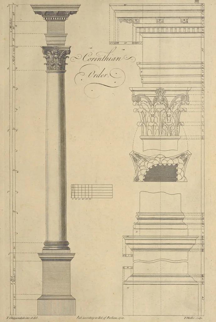 An illustration from The gentleman and cabinet-maker's director : being a large collection of the most elegant and useful designs of household furniture, in the most fashionable taste : including a great variety of chairs, cofas, beds, and couches : china-tables, dressing-tables, shaving-tables, bason-stands, and teakettle-stands : frames for marble-slabs, bureau-dressing-tables, and commodes : writing-tables, and library-tables : library-book-cases, organ-cases for private rooms, or churches, desks, and book-cases : dressing and writing-tables with book-cases, toilets, cabinets, and cloaths-presses : china-cases, china-shelves, and book-shelves : candle-stands, terms for busts, stands for china jars, and pedestals : cisterns for water, lanthorns, and chandeliers : fire-screens, brackets, and clock-cases : pier-glasses, and table-frames : girandoles, chimney-pieces, and picture-frames : stove-grates, boarders, frets, Chinese-railing, and brass-work, for furniture : and other ornaments : to which is prefixed, a short explanation of the five orders of architecture : with proper directions for executing the most difficult pieces, the mouldings being exhibited at large, and the dimensions of each design specified : the whole comprehended in two hundred copper-plates, neatly engraved ..., 1762, leaf 36