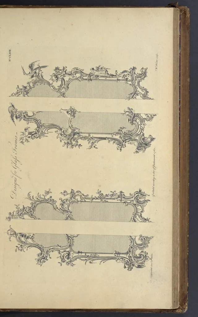 An illustration from The gentleman and cabinet-maker's director : being a large collection of the most elegant and useful designs of household furniture, in the most fashionable taste : including a great variety of chairs, cofas, beds, and couches : china-tables, dressing-tables, shaving-tables, bason-stands, and teakettle-stands : frames for marble-slabs, bureau-dressing-tables, and commodes : writing-tables, and library-tables : library-book-cases, organ-cases for private rooms, or churches, desks, and book-cases : dressing and writing-tables with book-cases, toilets, cabinets, and cloaths-presses : china-cases, china-shelves, and book-shelves : candle-stands, terms for busts, stands for china jars, and pedestals : cisterns for water, lanthorns, and chandeliers : fire-screens, brackets, and clock-cases : pier-glasses, and table-frames : girandoles, chimney-pieces, and picture-frames : stove-grates, boarders, frets, Chinese-railing, and brass-work, for furniture : and other ornaments : to which is prefixed, a short explanation of the five orders of architecture : with proper directions for executing the most difficult pieces, the mouldings being exhibited at large, and the dimensions of each design specified : the whole comprehended in two hundred copper-plates, neatly engraved ..., 1762, leaf 360
