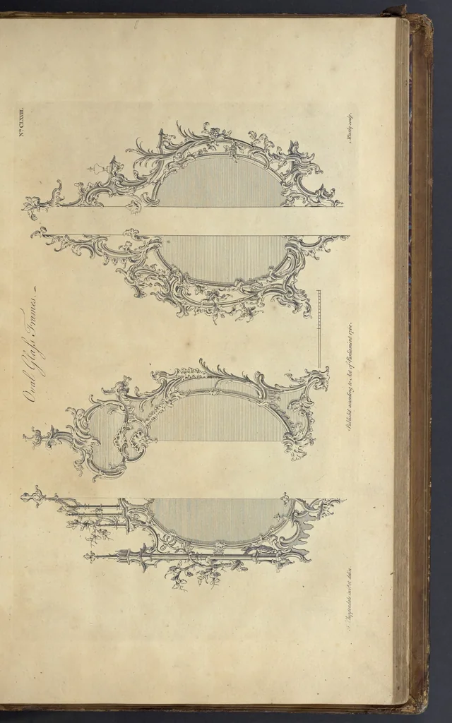 An illustration from The gentleman and cabinet-maker's director : being a large collection of the most elegant and useful designs of household furniture, in the most fashionable taste : including a great variety of chairs, cofas, beds, and couches : china-tables, dressing-tables, shaving-tables, bason-stands, and teakettle-stands : frames for marble-slabs, bureau-dressing-tables, and commodes : writing-tables, and library-tables : library-book-cases, organ-cases for private rooms, or churches, desks, and book-cases : dressing and writing-tables with book-cases, toilets, cabinets, and cloaths-presses : china-cases, china-shelves, and book-shelves : candle-stands, terms for busts, stands for china jars, and pedestals : cisterns for water, lanthorns, and chandeliers : fire-screens, brackets, and clock-cases : pier-glasses, and table-frames : girandoles, chimney-pieces, and picture-frames : stove-grates, boarders, frets, Chinese-railing, and brass-work, for furniture : and other ornaments : to which is prefixed, a short explanation of the five orders of architecture : with proper directions for executing the most difficult pieces, the mouldings being exhibited at large, and the dimensions of each design specified : the whole comprehended in two hundred copper-plates, neatly engraved ..., 1762, leaf 362