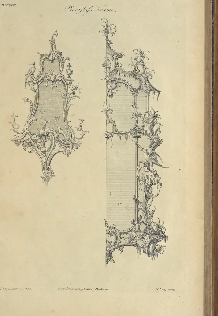 An illustration from The gentleman and cabinet-maker's director : being a large collection of the most elegant and useful designs of household furniture, in the most fashionable taste : including a great variety of chairs, cofas, beds, and couches : china-tables, dressing-tables, shaving-tables, bason-stands, and teakettle-stands : frames for marble-slabs, bureau-dressing-tables, and commodes : writing-tables, and library-tables : library-book-cases, organ-cases for private rooms, or churches, desks, and book-cases : dressing and writing-tables with book-cases, toilets, cabinets, and cloaths-presses : china-cases, china-shelves, and book-shelves : candle-stands, terms for busts, stands for china jars, and pedestals : cisterns for water, lanthorns, and chandeliers : fire-screens, brackets, and clock-cases : pier-glasses, and table-frames : girandoles, chimney-pieces, and picture-frames : stove-grates, boarders, frets, Chinese-railing, and brass-work, for furniture : and other ornaments : to which is prefixed, a short explanation of the five orders of architecture : with proper directions for executing the most difficult pieces, the mouldings being exhibited at large, and the dimensions of each design specified : the whole comprehended in two hundred copper-plates, neatly engraved ..., 1762, leaf 364