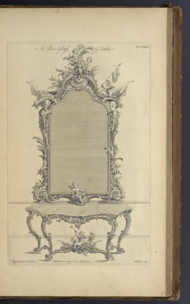 An illustration from The gentleman and cabinet-maker's director : being a large collection of the most elegant and useful designs of household furniture, in the most fashionable taste : including a great variety of chairs, cofas, beds, and couches : china-tables, dressing-tables, shaving-tables, bason-stands, and teakettle-stands : frames for marble-slabs, bureau-dressing-tables, and commodes : writing-tables, and library-tables : library-book-cases, organ-cases for private rooms, or churches, desks, and book-cases : dressing and writing-tables with book-cases, toilets, cabinets, and cloaths-presses : china-cases, china-shelves, and book-shelves : candle-stands, terms for busts, stands for china jars, and pedestals : cisterns for water, lanthorns, and chandeliers : fire-screens, brackets, and clock-cases : pier-glasses, and table-frames : girandoles, chimney-pieces, and picture-frames : stove-grates, boarders, frets, Chinese-railing, and brass-work, for furniture : and other ornaments : to which is prefixed, a short explanation of the five orders of architecture : with proper directions for executing the most difficult pieces, the mouldings being exhibited at large, and the dimensions of each design specified : the whole comprehended in two hundred copper-plates, neatly engraved ..., 1762, leaf 366