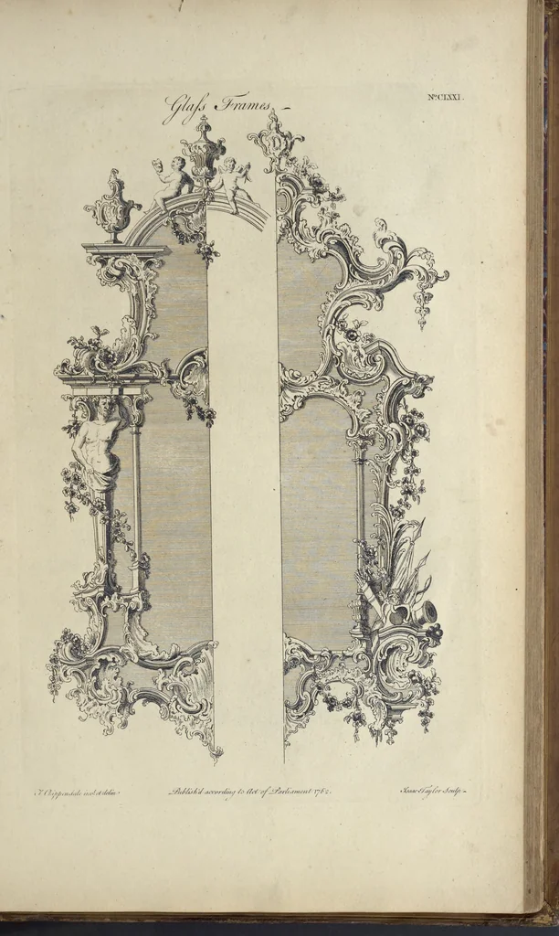 An illustration from The gentleman and cabinet-maker's director : being a large collection of the most elegant and useful designs of household furniture, in the most fashionable taste : including a great variety of chairs, cofas, beds, and couches : china-tables, dressing-tables, shaving-tables, bason-stands, and teakettle-stands : frames for marble-slabs, bureau-dressing-tables, and commodes : writing-tables, and library-tables : library-book-cases, organ-cases for private rooms, or churches, desks, and book-cases : dressing and writing-tables with book-cases, toilets, cabinets, and cloaths-presses : china-cases, china-shelves, and book-shelves : candle-stands, terms for busts, stands for china jars, and pedestals : cisterns for water, lanthorns, and chandeliers : fire-screens, brackets, and clock-cases : pier-glasses, and table-frames : girandoles, chimney-pieces, and picture-frames : stove-grates, boarders, frets, Chinese-railing, and brass-work, for furniture : and other ornaments : to which is prefixed, a short explanation of the five orders of architecture : with proper directions for executing the most difficult pieces, the mouldings being exhibited at large, and the dimensions of each design specified : the whole comprehended in two hundred copper-plates, neatly engraved ..., 1762, leaf 368