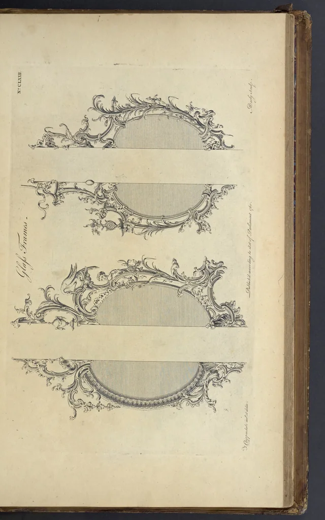 An illustration from The gentleman and cabinet-maker's director : being a large collection of the most elegant and useful designs of household furniture, in the most fashionable taste : including a great variety of chairs, cofas, beds, and couches : china-tables, dressing-tables, shaving-tables, bason-stands, and teakettle-stands : frames for marble-slabs, bureau-dressing-tables, and commodes : writing-tables, and library-tables : library-book-cases, organ-cases for private rooms, or churches, desks, and book-cases : dressing and writing-tables with book-cases, toilets, cabinets, and cloaths-presses : china-cases, china-shelves, and book-shelves : candle-stands, terms for busts, stands for china jars, and pedestals : cisterns for water, lanthorns, and chandeliers : fire-screens, brackets, and clock-cases : pier-glasses, and table-frames : girandoles, chimney-pieces, and picture-frames : stove-grates, boarders, frets, Chinese-railing, and brass-work, for furniture : and other ornaments : to which is prefixed, a short explanation of the five orders of architecture : with proper directions for executing the most difficult pieces, the mouldings being exhibited at large, and the dimensions of each design specified : the whole comprehended in two hundred copper-plates, neatly engraved ..., 1762, leaf 370