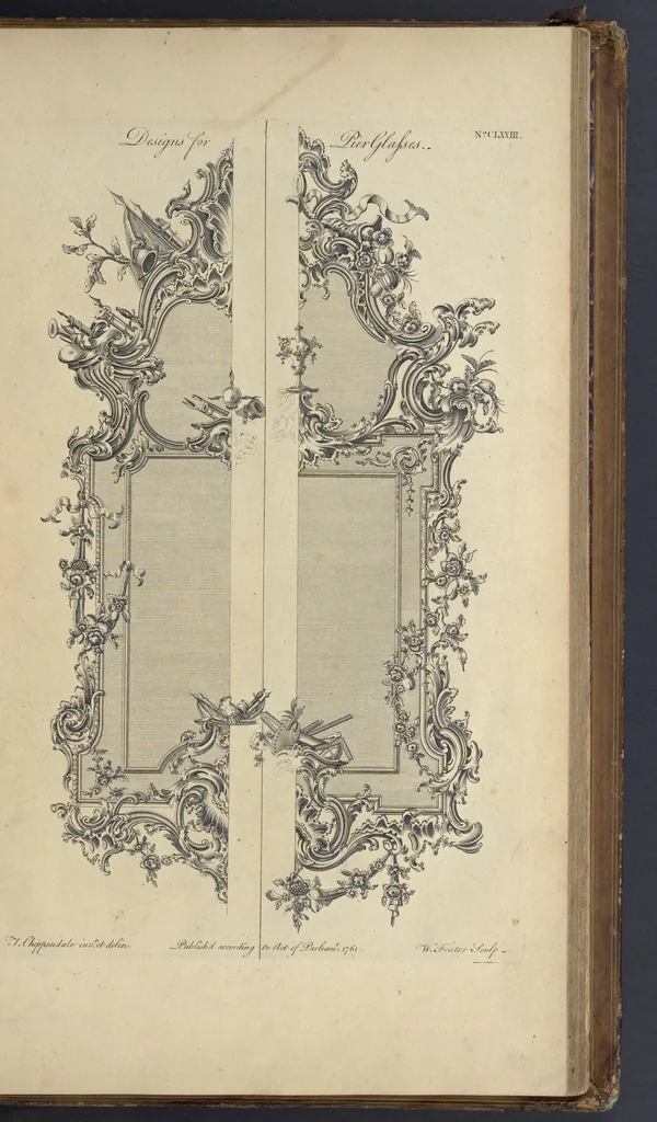 An illustration from The gentleman and cabinet-maker's director : being a large collection of the most elegant and useful designs of household furniture, in the most fashionable taste : including a great variety of chairs, cofas, beds, and couches : china-tables, dressing-tables, shaving-tables, bason-stands, and teakettle-stands : frames for marble-slabs, bureau-dressing-tables, and commodes : writing-tables, and library-tables : library-book-cases, organ-cases for private rooms, or churches, desks, and book-cases : dressing and writing-tables with book-cases, toilets, cabinets, and cloaths-presses : china-cases, china-shelves, and book-shelves : candle-stands, terms for busts, stands for china jars, and pedestals : cisterns for water, lanthorns, and chandeliers : fire-screens, brackets, and clock-cases : pier-glasses, and table-frames : girandoles, chimney-pieces, and picture-frames : stove-grates, boarders, frets, Chinese-railing, and brass-work, for furniture : and other ornaments : to which is prefixed, a short explanation of the five orders of architecture : with proper directions for executing the most difficult pieces, the mouldings being exhibited at large, and the dimensions of each design specified : the whole comprehended in two hundred copper-plates, neatly engraved ..., 1762, leaf 372