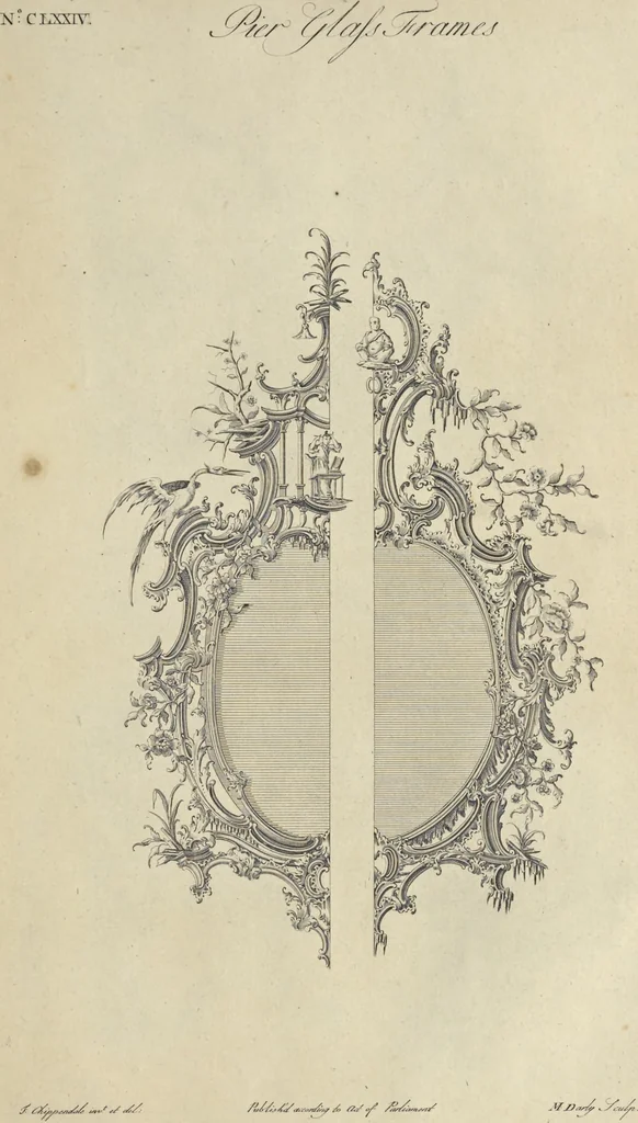 An illustration from The gentleman and cabinet-maker's director : being a large collection of the most elegant and useful designs of household furniture, in the most fashionable taste : including a great variety of chairs, cofas, beds, and couches : china-tables, dressing-tables, shaving-tables, bason-stands, and teakettle-stands : frames for marble-slabs, bureau-dressing-tables, and commodes : writing-tables, and library-tables : library-book-cases, organ-cases for private rooms, or churches, desks, and book-cases : dressing and writing-tables with book-cases, toilets, cabinets, and cloaths-presses : china-cases, china-shelves, and book-shelves : candle-stands, terms for busts, stands for china jars, and pedestals : cisterns for water, lanthorns, and chandeliers : fire-screens, brackets, and clock-cases : pier-glasses, and table-frames : girandoles, chimney-pieces, and picture-frames : stove-grates, boarders, frets, Chinese-railing, and brass-work, for furniture : and other ornaments : to which is prefixed, a short explanation of the five orders of architecture : with proper directions for executing the most difficult pieces, the mouldings being exhibited at large, and the dimensions of each design specified : the whole comprehended in two hundred copper-plates, neatly engraved ..., 1762, leaf 374
