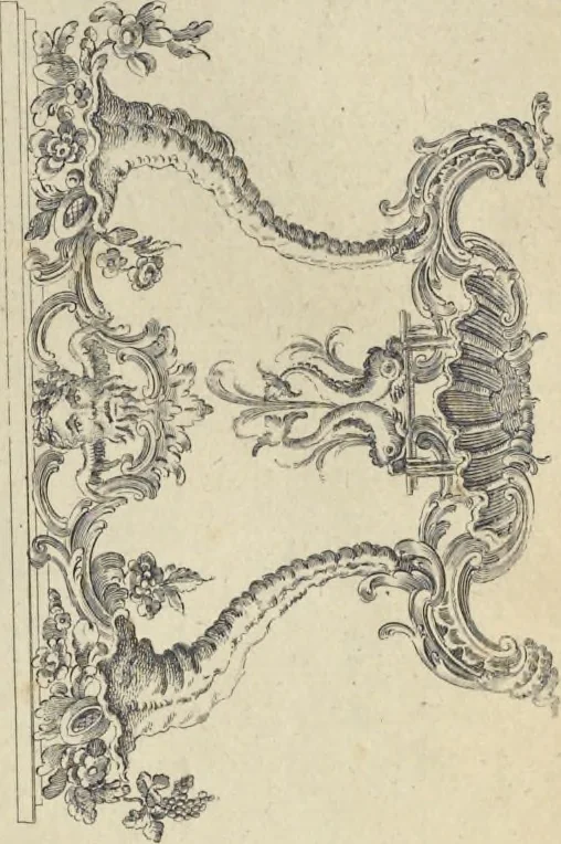 An illustration from The gentleman and cabinet-maker's director : being a large collection of the most elegant and useful designs of household furniture, in the most fashionable taste : including a great variety of chairs, cofas, beds, and couches : china-tables, dressing-tables, shaving-tables, bason-stands, and teakettle-stands : frames for marble-slabs, bureau-dressing-tables, and commodes : writing-tables, and library-tables : library-book-cases, organ-cases for private rooms, or churches, desks, and book-cases : dressing and writing-tables with book-cases, toilets, cabinets, and cloaths-presses : china-cases, china-shelves, and book-shelves : candle-stands, terms for busts, stands for china jars, and pedestals : cisterns for water, lanthorns, and chandeliers : fire-screens, brackets, and clock-cases : pier-glasses, and table-frames : girandoles, chimney-pieces, and picture-frames : stove-grates, boarders, frets, Chinese-railing, and brass-work, for furniture : and other ornaments : to which is prefixed, a short explanation of the five orders of architecture : with proper directions for executing the most difficult pieces, the mouldings being exhibited at large, and the dimensions of each design specified : the whole comprehended in two hundred copper-plates, neatly engraved ..., 1762, leaf 376