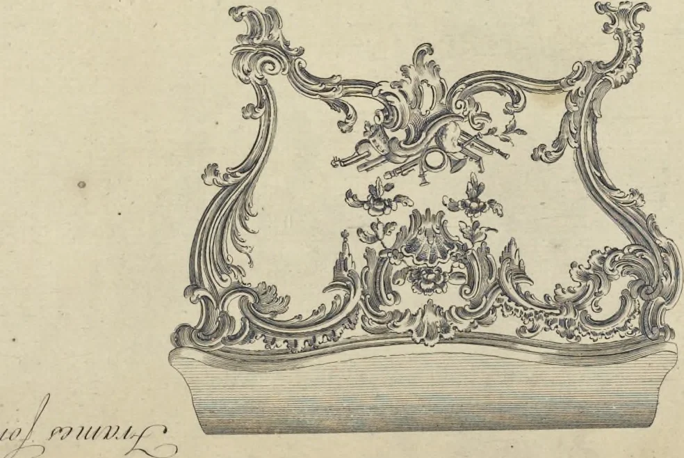 An illustration from The gentleman and cabinet-maker's director : being a large collection of the most elegant and useful designs of household furniture, in the most fashionable taste : including a great variety of chairs, cofas, beds, and couches : china-tables, dressing-tables, shaving-tables, bason-stands, and teakettle-stands : frames for marble-slabs, bureau-dressing-tables, and commodes : writing-tables, and library-tables : library-book-cases, organ-cases for private rooms, or churches, desks, and book-cases : dressing and writing-tables with book-cases, toilets, cabinets, and cloaths-presses : china-cases, china-shelves, and book-shelves : candle-stands, terms for busts, stands for china jars, and pedestals : cisterns for water, lanthorns, and chandeliers : fire-screens, brackets, and clock-cases : pier-glasses, and table-frames : girandoles, chimney-pieces, and picture-frames : stove-grates, boarders, frets, Chinese-railing, and brass-work, for furniture : and other ornaments : to which is prefixed, a short explanation of the five orders of architecture : with proper directions for executing the most difficult pieces, the mouldings being exhibited at large, and the dimensions of each design specified : the whole comprehended in two hundred copper-plates, neatly engraved ..., 1762, leaf 376