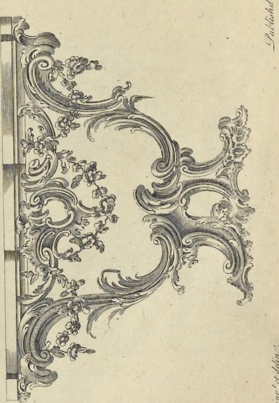 An illustration from The gentleman and cabinet-maker's director : being a large collection of the most elegant and useful designs of household furniture, in the most fashionable taste : including a great variety of chairs, cofas, beds, and couches : china-tables, dressing-tables, shaving-tables, bason-stands, and teakettle-stands : frames for marble-slabs, bureau-dressing-tables, and commodes : writing-tables, and library-tables : library-book-cases, organ-cases for private rooms, or churches, desks, and book-cases : dressing and writing-tables with book-cases, toilets, cabinets, and cloaths-presses : china-cases, china-shelves, and book-shelves : candle-stands, terms for busts, stands for china jars, and pedestals : cisterns for water, lanthorns, and chandeliers : fire-screens, brackets, and clock-cases : pier-glasses, and table-frames : girandoles, chimney-pieces, and picture-frames : stove-grates, boarders, frets, Chinese-railing, and brass-work, for furniture : and other ornaments : to which is prefixed, a short explanation of the five orders of architecture : with proper directions for executing the most difficult pieces, the mouldings being exhibited at large, and the dimensions of each design specified : the whole comprehended in two hundred copper-plates, neatly engraved ..., 1762, leaf 376